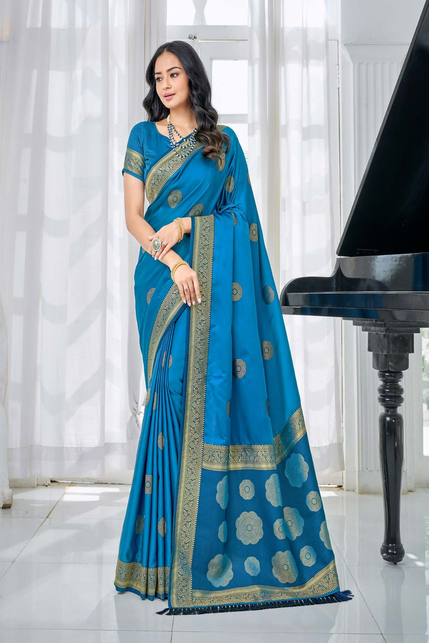 Blue Satin Saree With Golden Zari Blooms