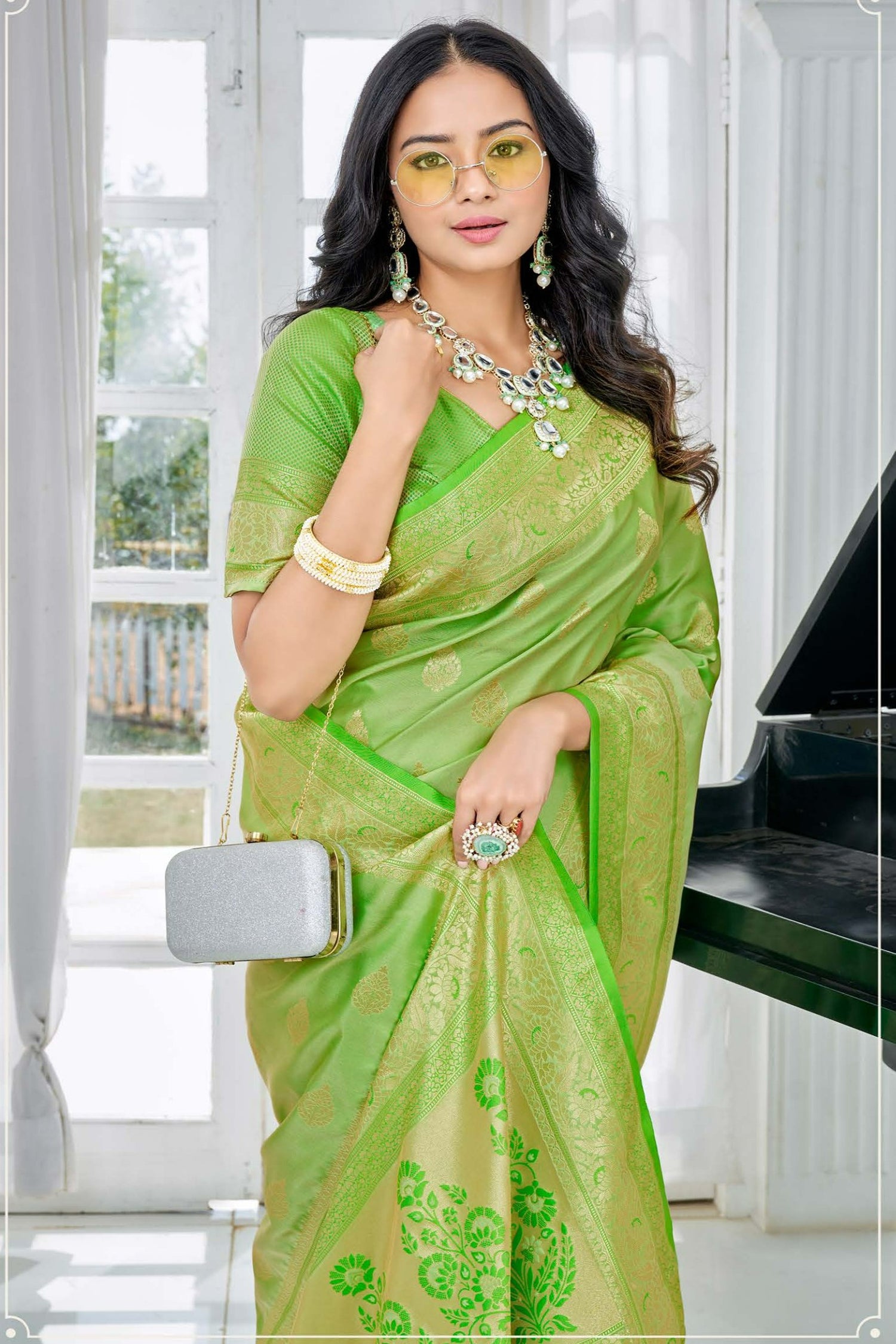 Poetic Green Satin Saree