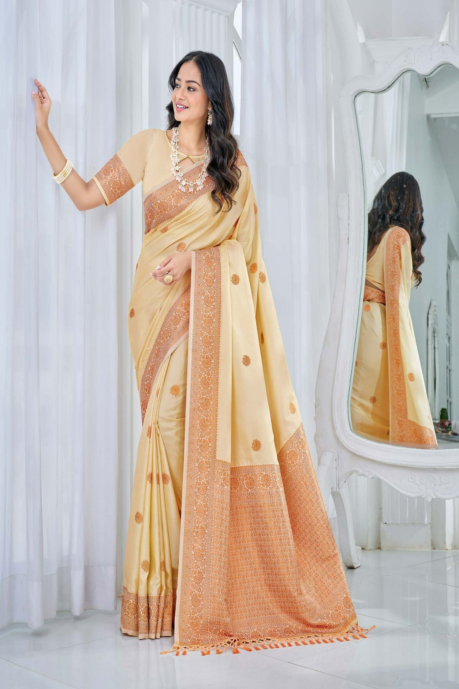 Elegant Cream Satin Saree With Copper Zari