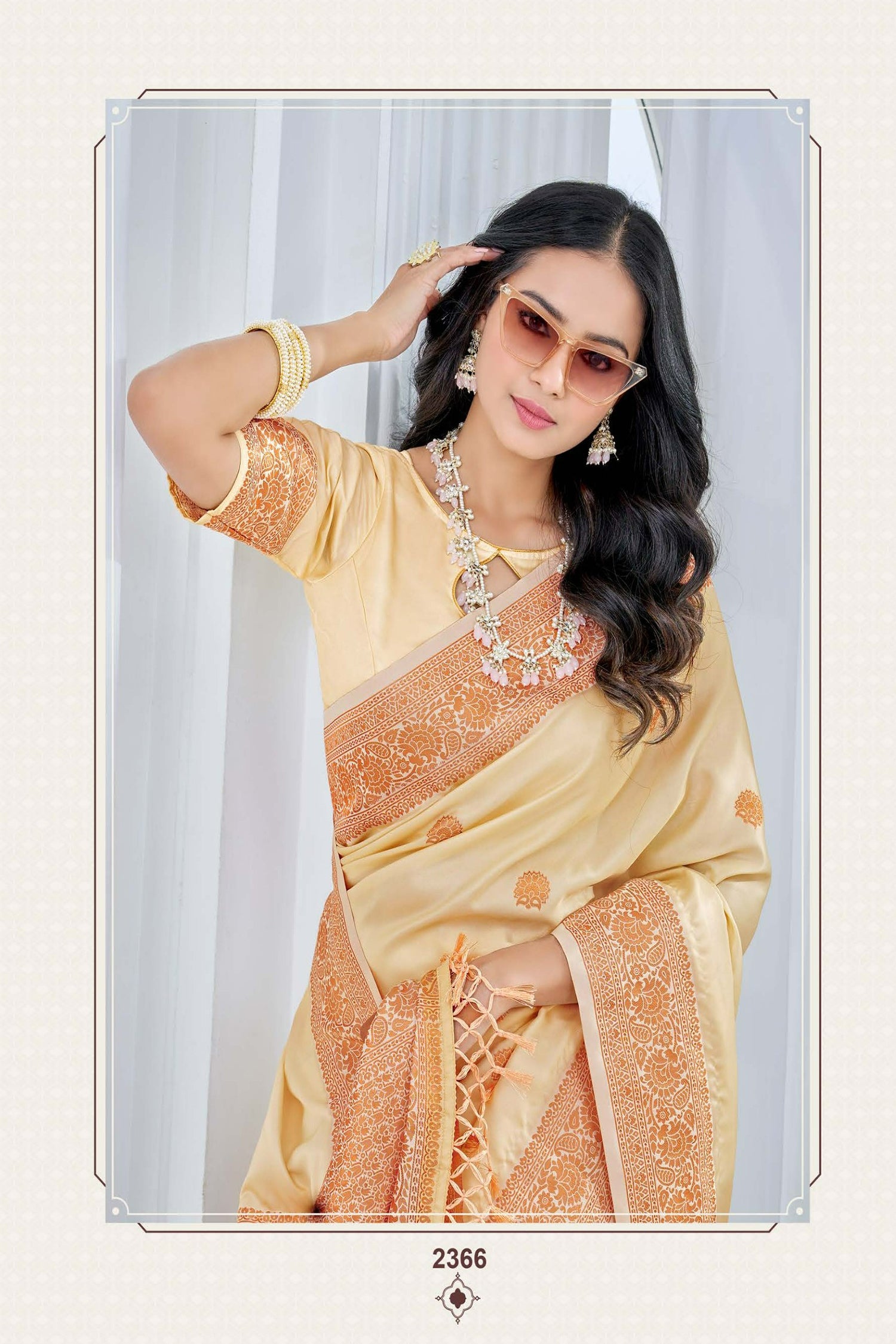 Elegant Cream Satin Saree With Copper Zari