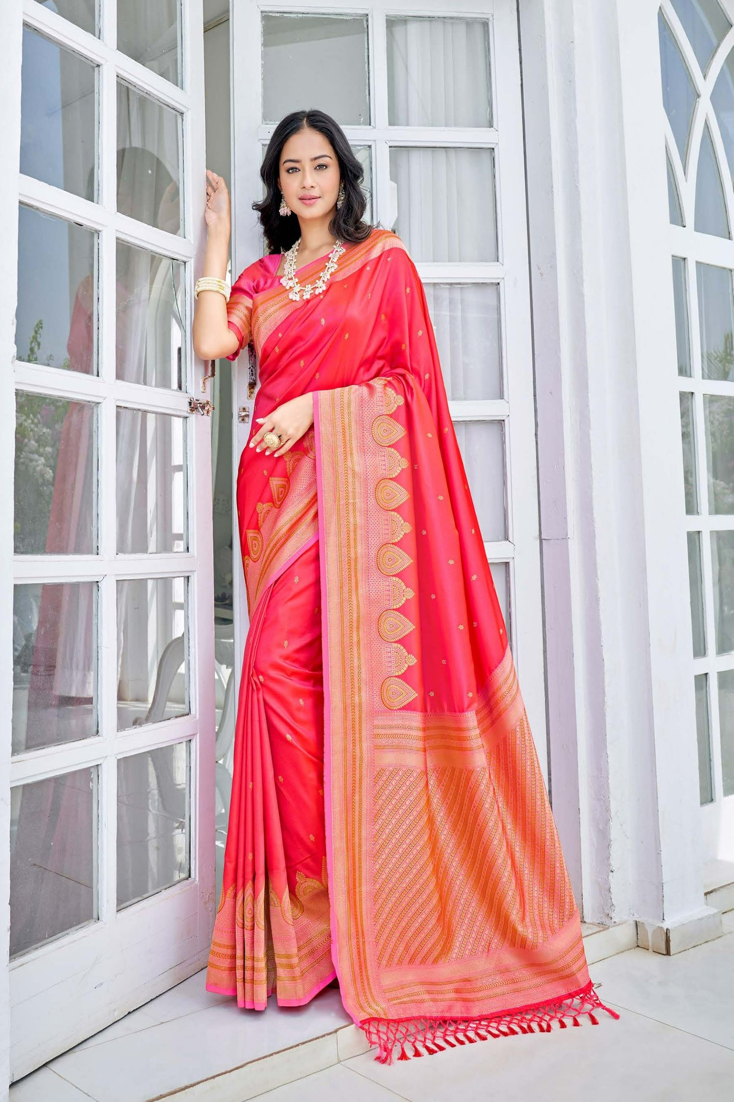 Rose Red Satin Saree With Intricate Border