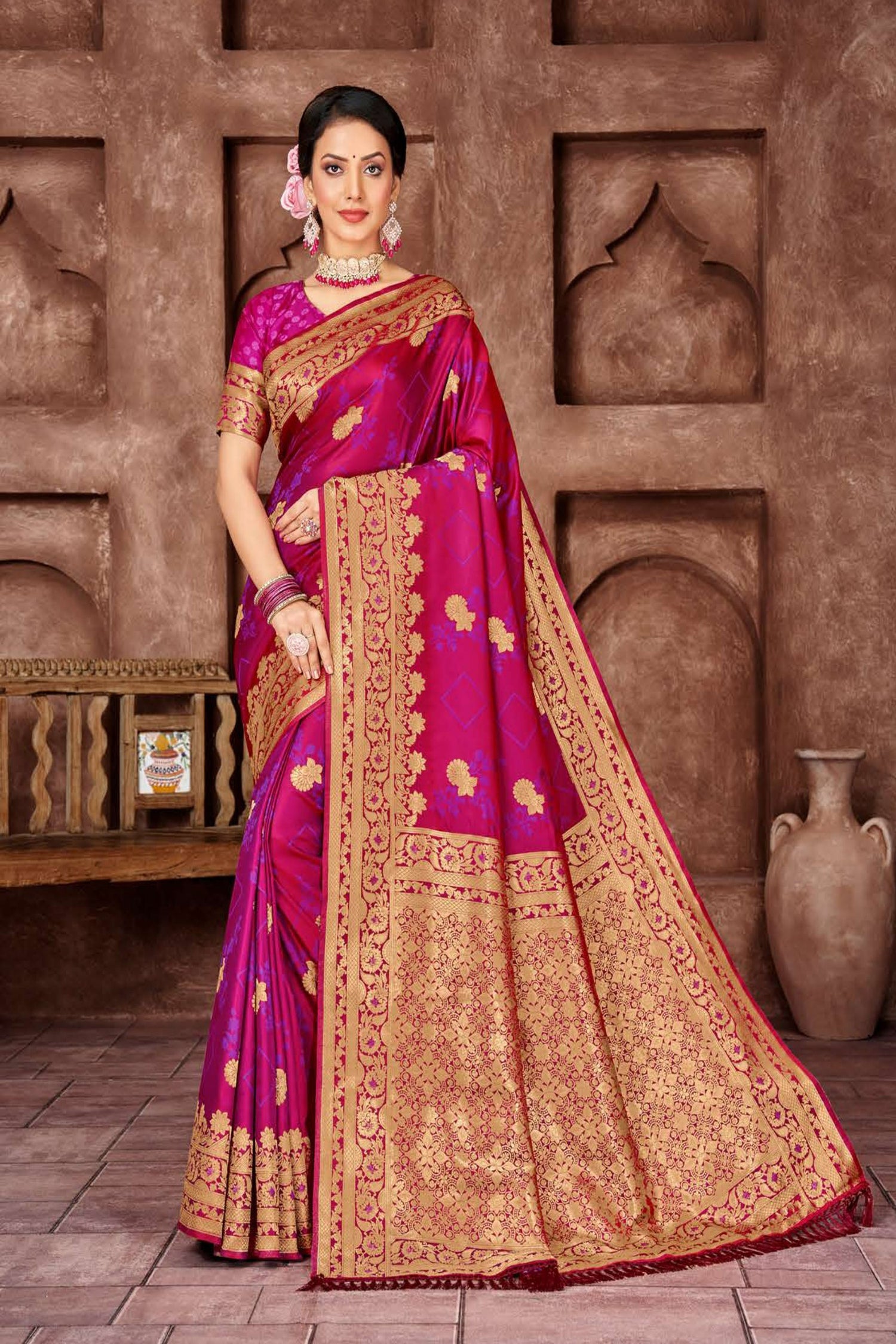 Magnificent Pink Satin Saree with Gold Border