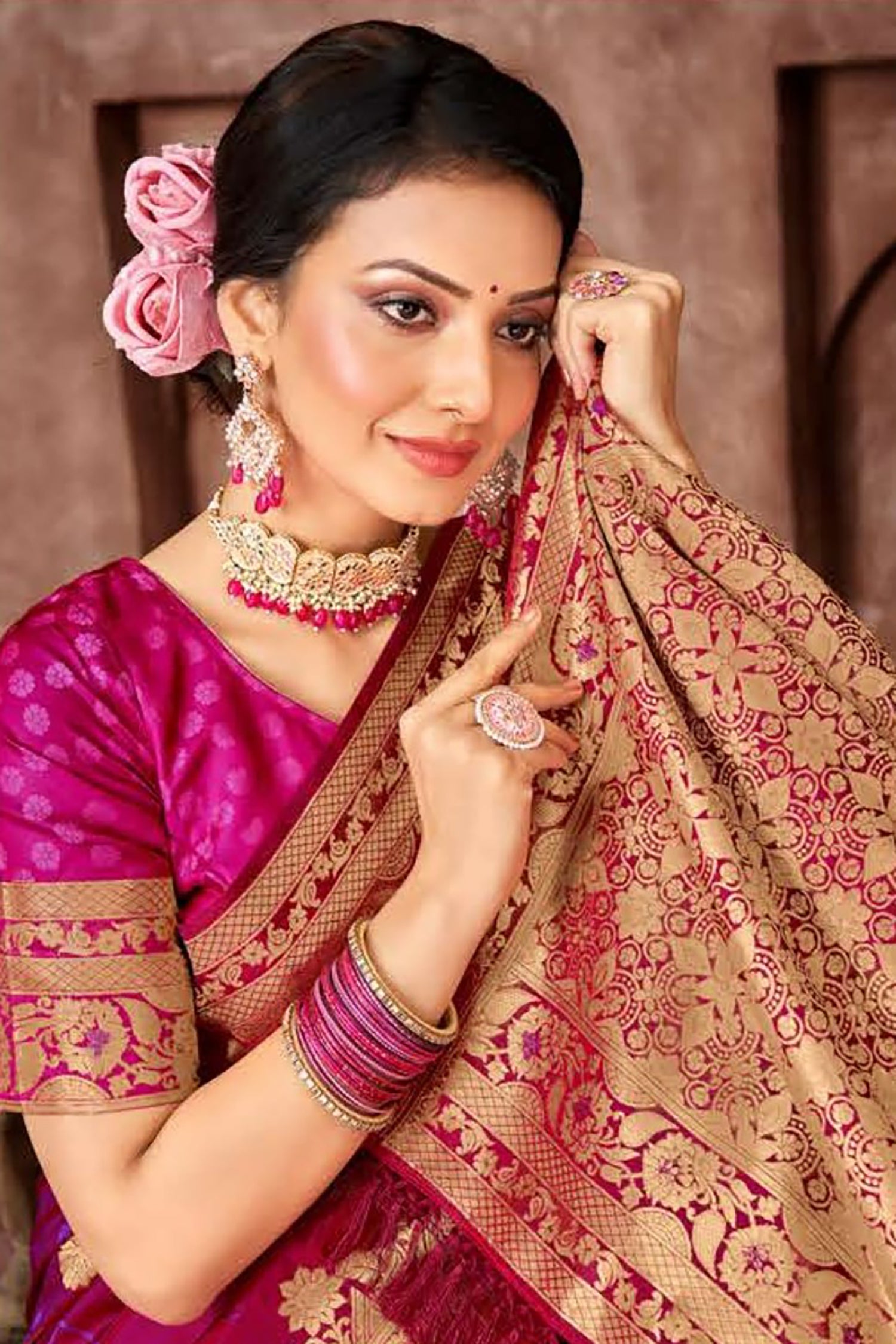 Magnificent Pink Satin Saree with Gold Border
