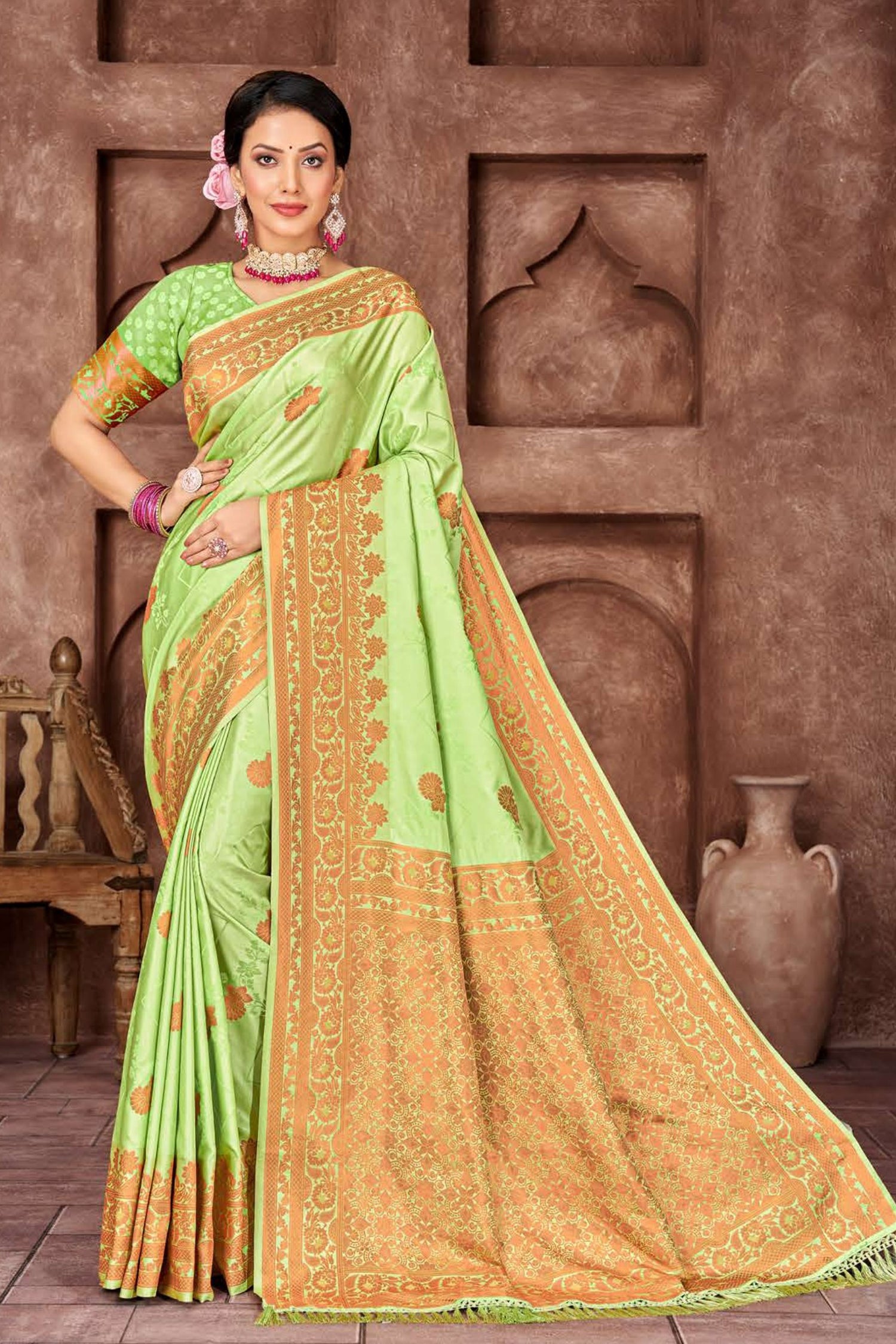 Pista Green Satin Saree with Copper Border