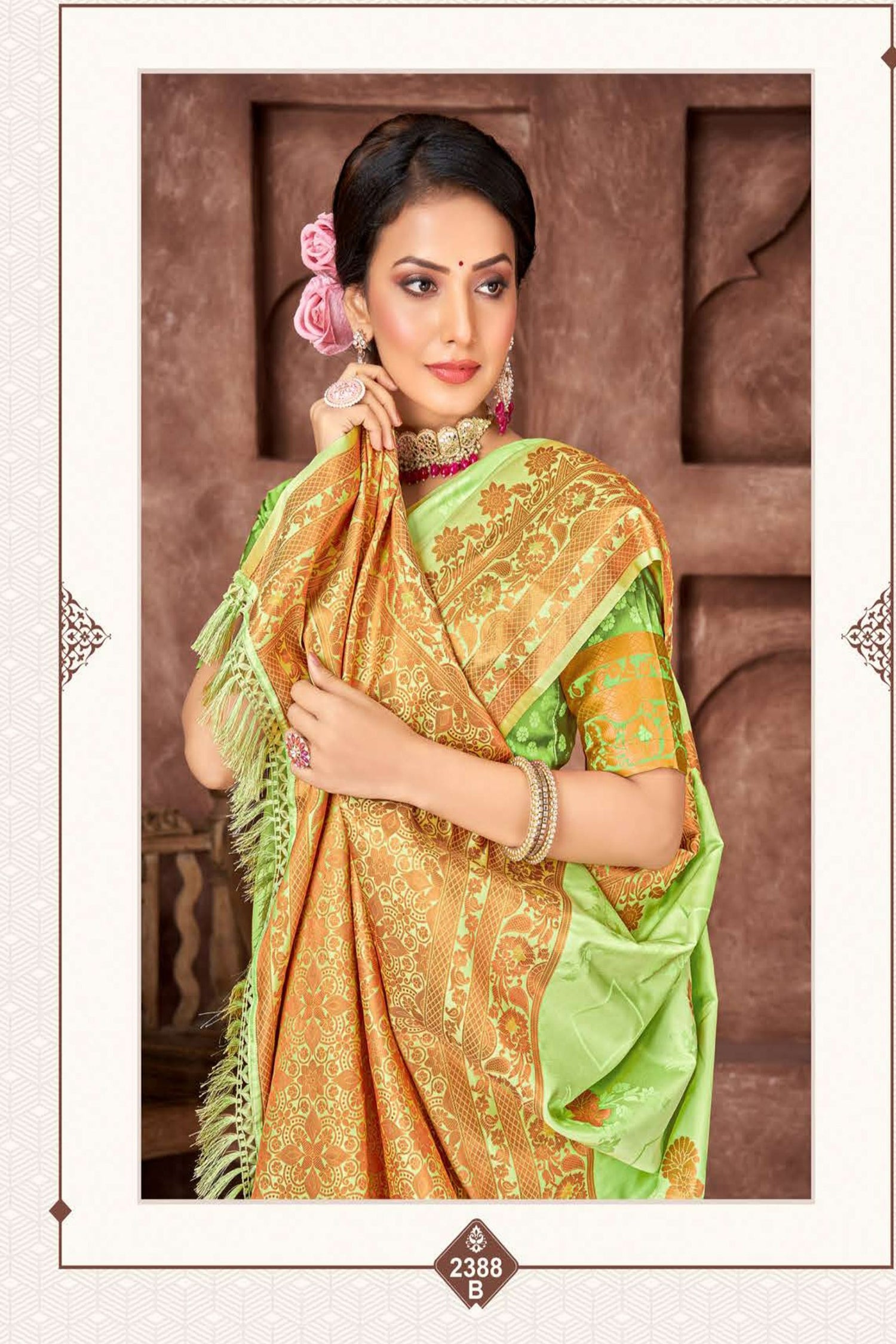 Pista Green Satin Saree with Copper Border