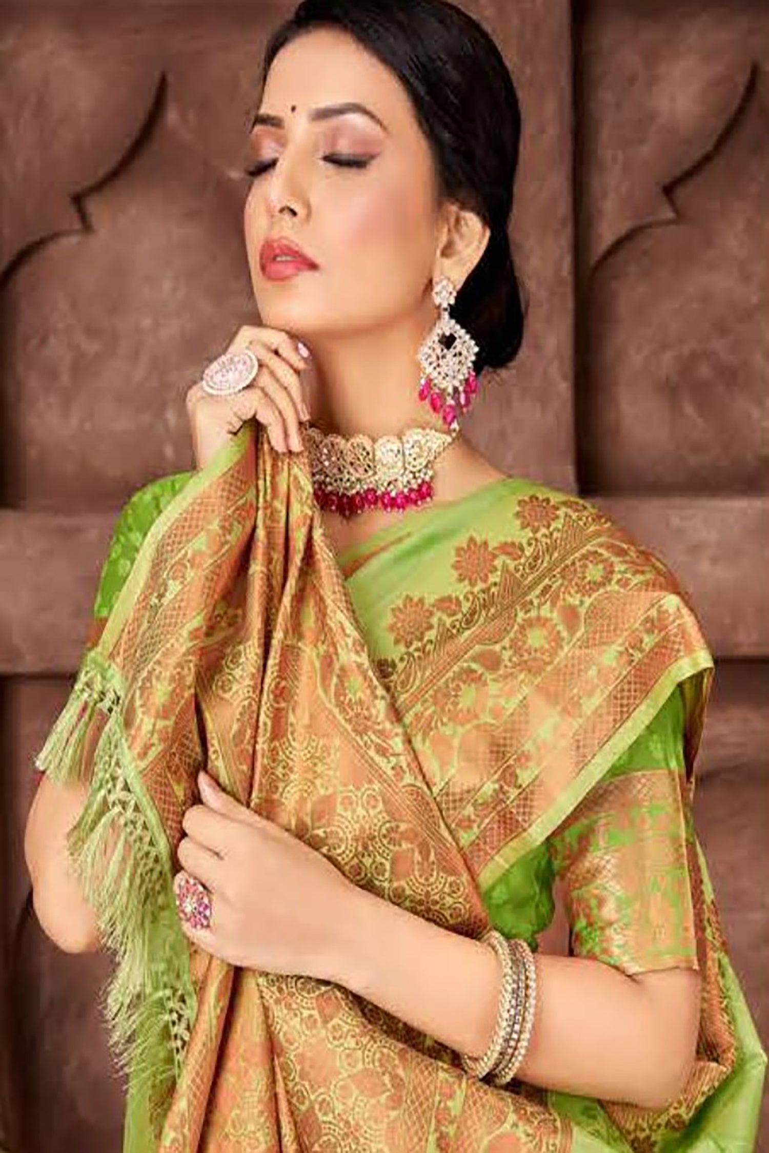 Pista Green Satin Saree with Copper Border
