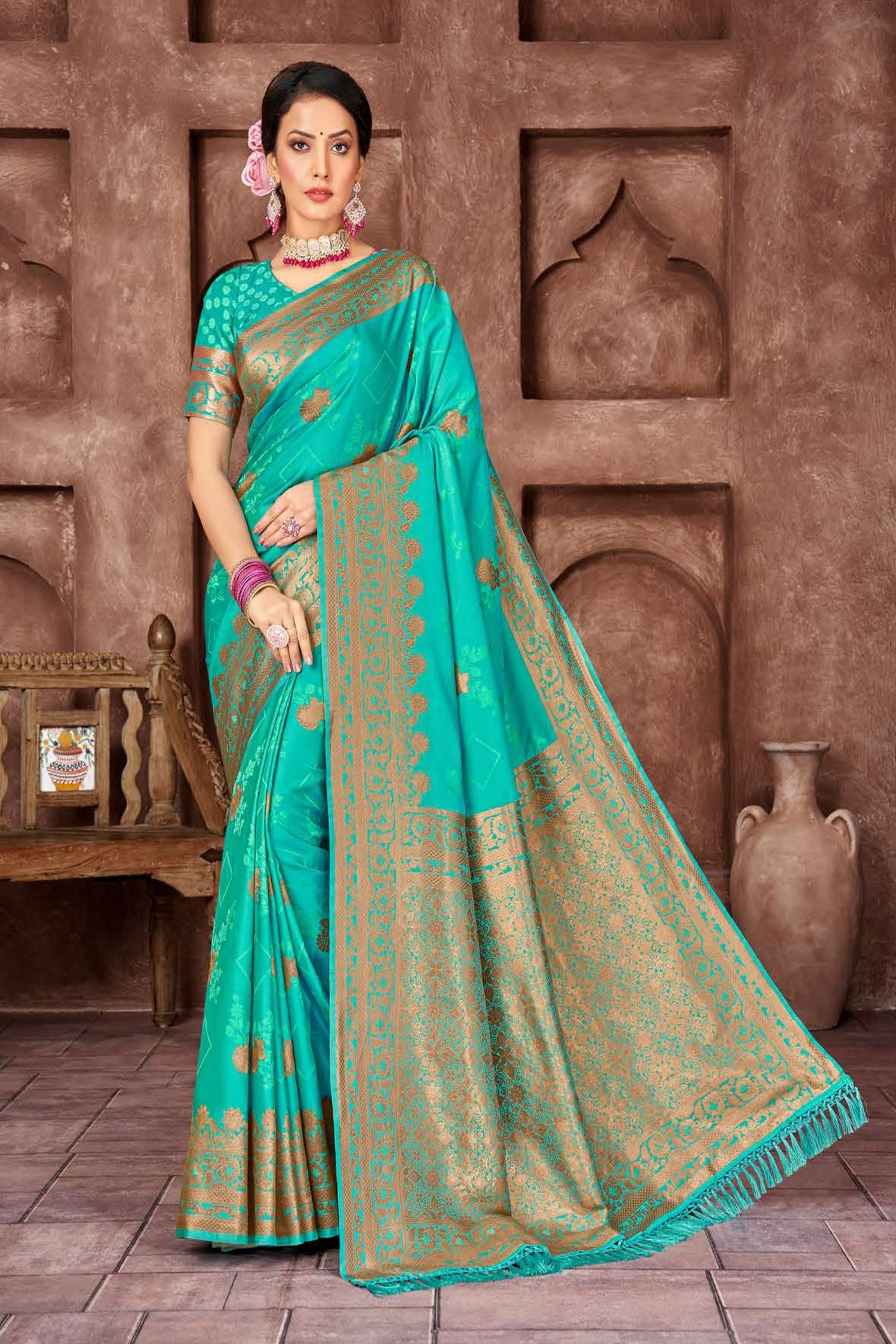 Turquoise Blue Satin Saree with Copper Zari