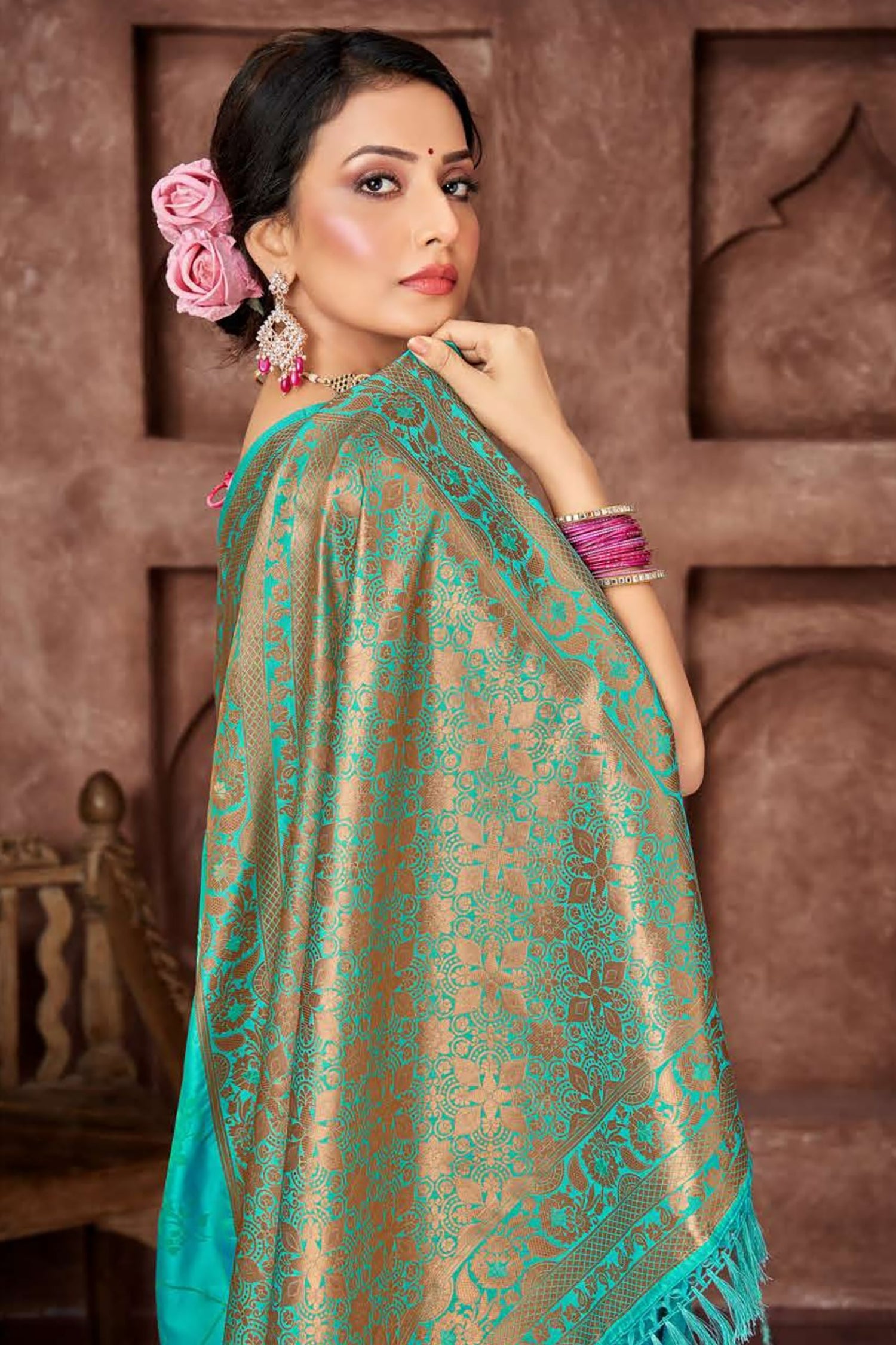 Turquoise Blue Satin Saree with Copper Zari
