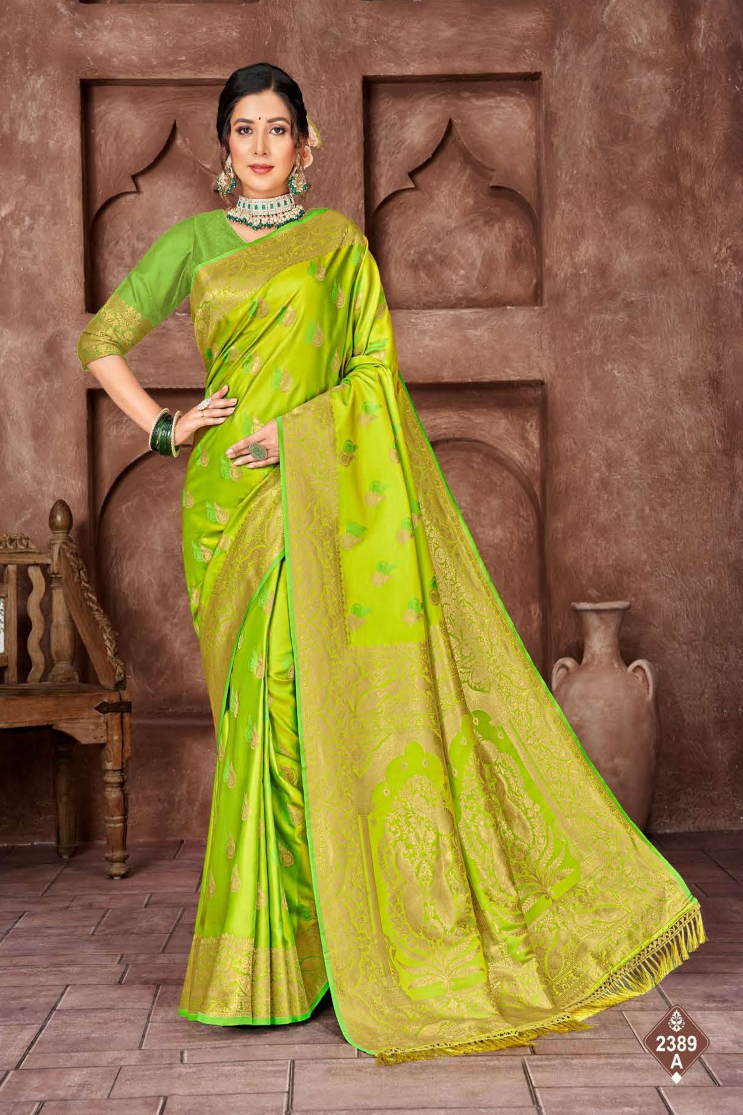 Lime Green Satin Saree