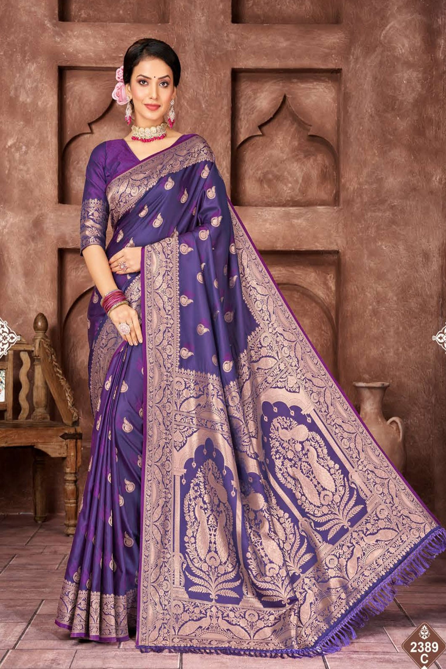 Purple Satin Saree with Rose Gold Zari