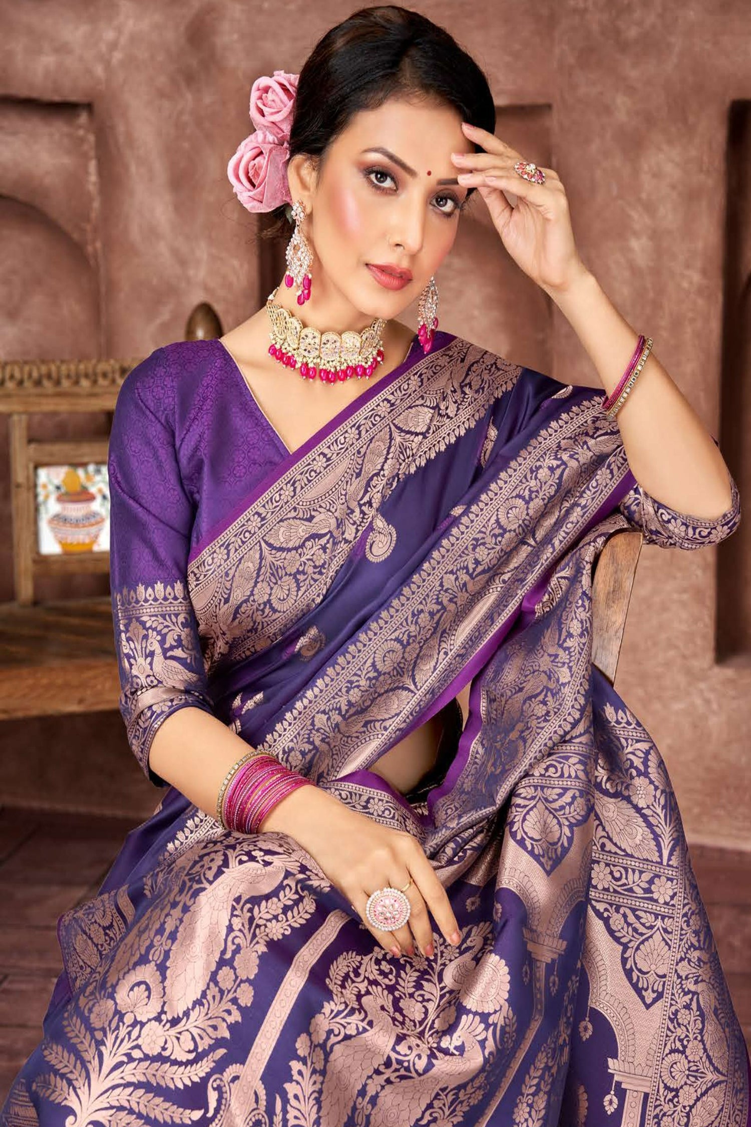 Purple Satin Saree with Rose Gold Zari