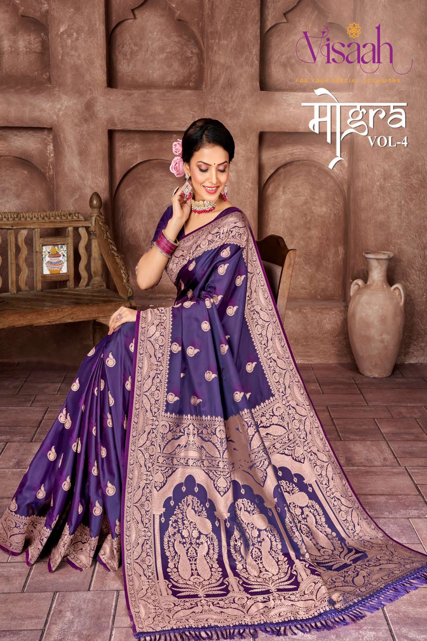 Purple Satin Saree with Rose Gold Zari