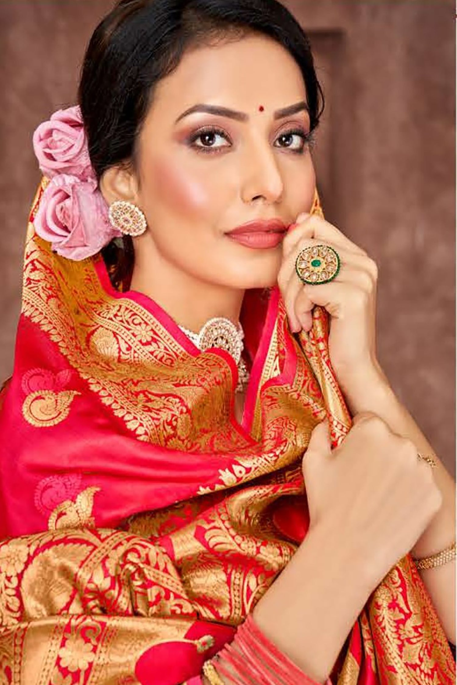 Intricately Woven Red Satin Saree with Gold Zari