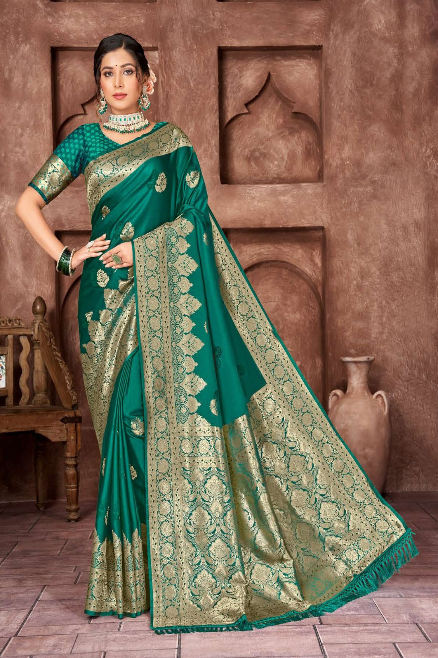 Lavish Teal Satin Saree