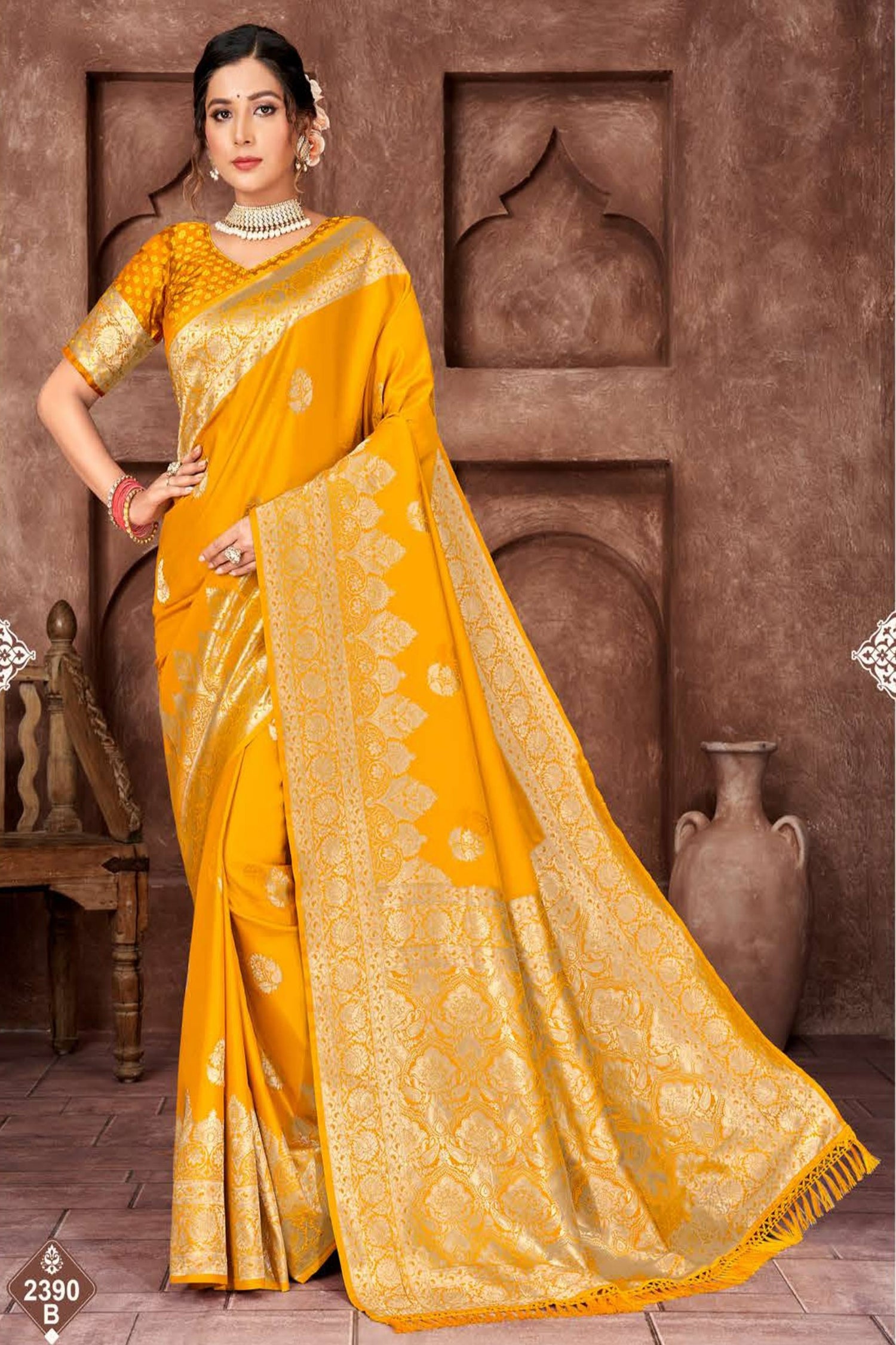 Bright Yellow Satin Saree