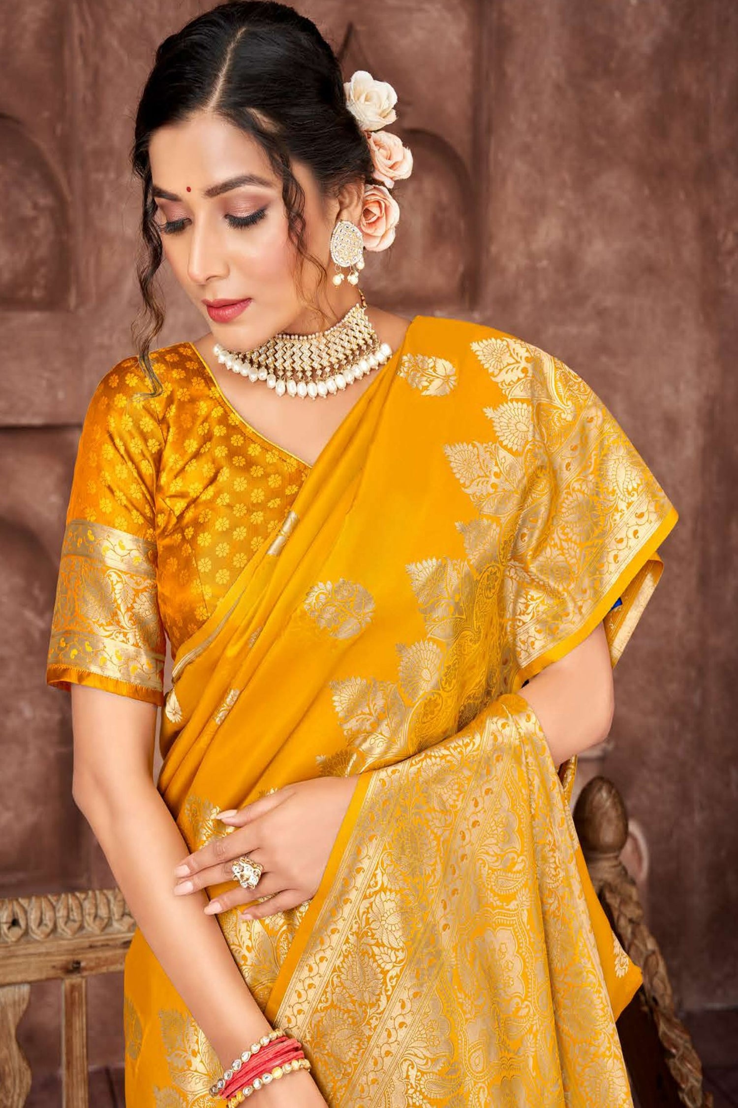 Bright Yellow Satin Saree