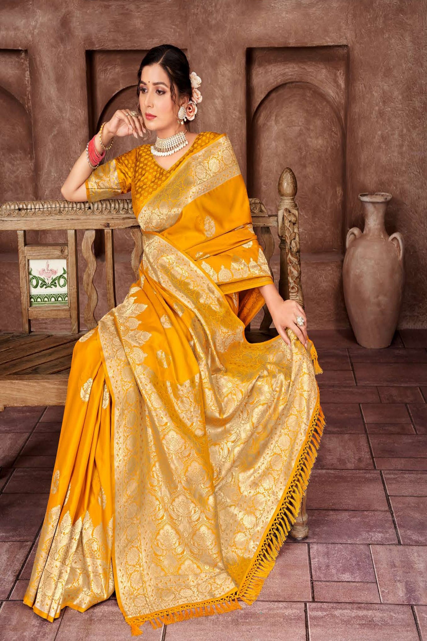 Bright Yellow Satin Saree