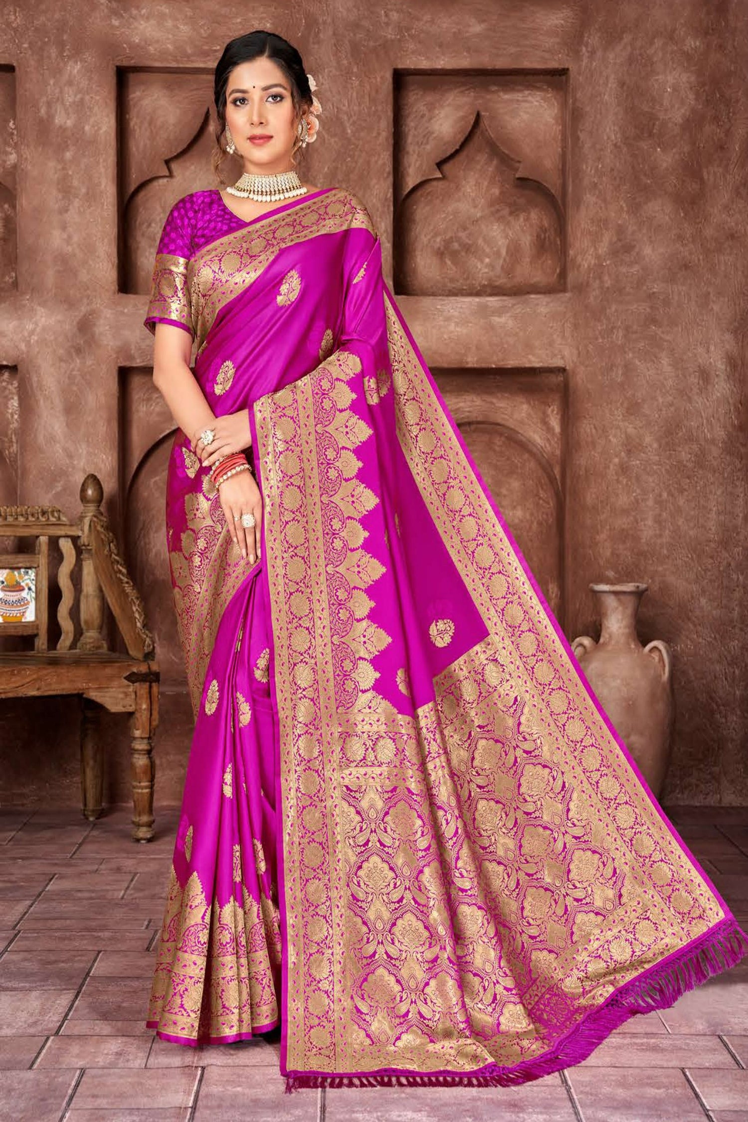Vibrant Pink Satin Saree