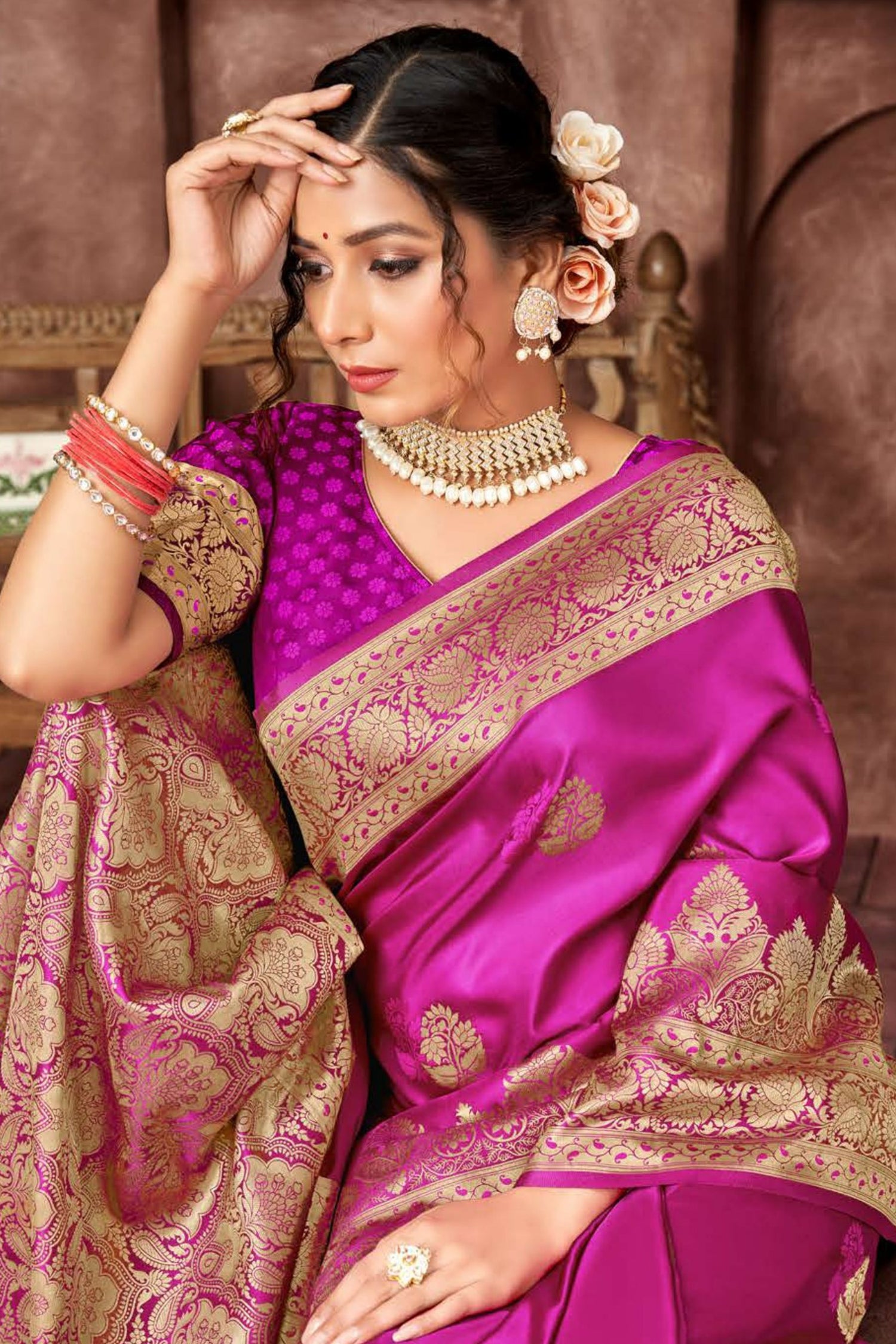 Vibrant Pink Satin Saree