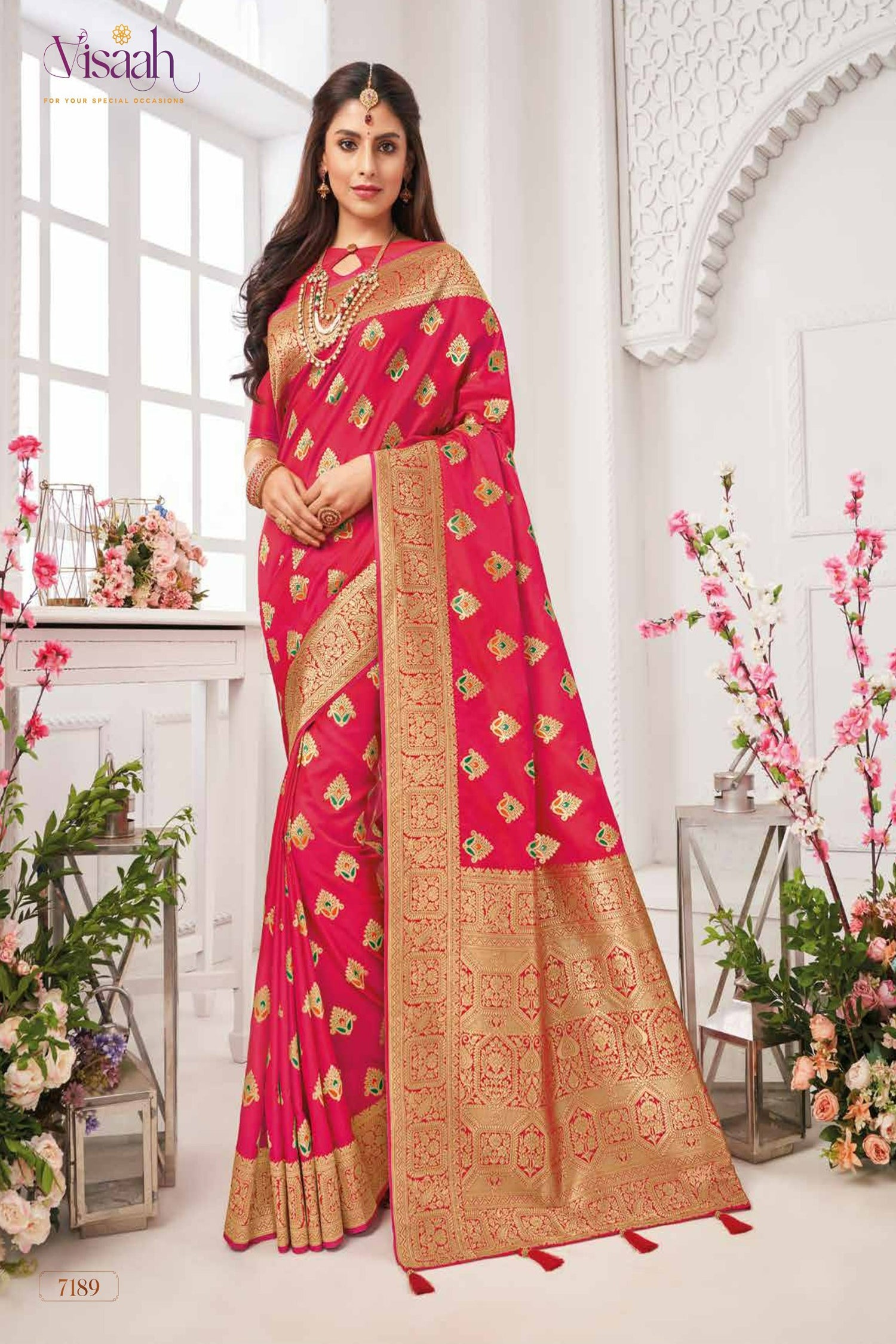 Pink Saree With Orange And Green Meenakari Butta
