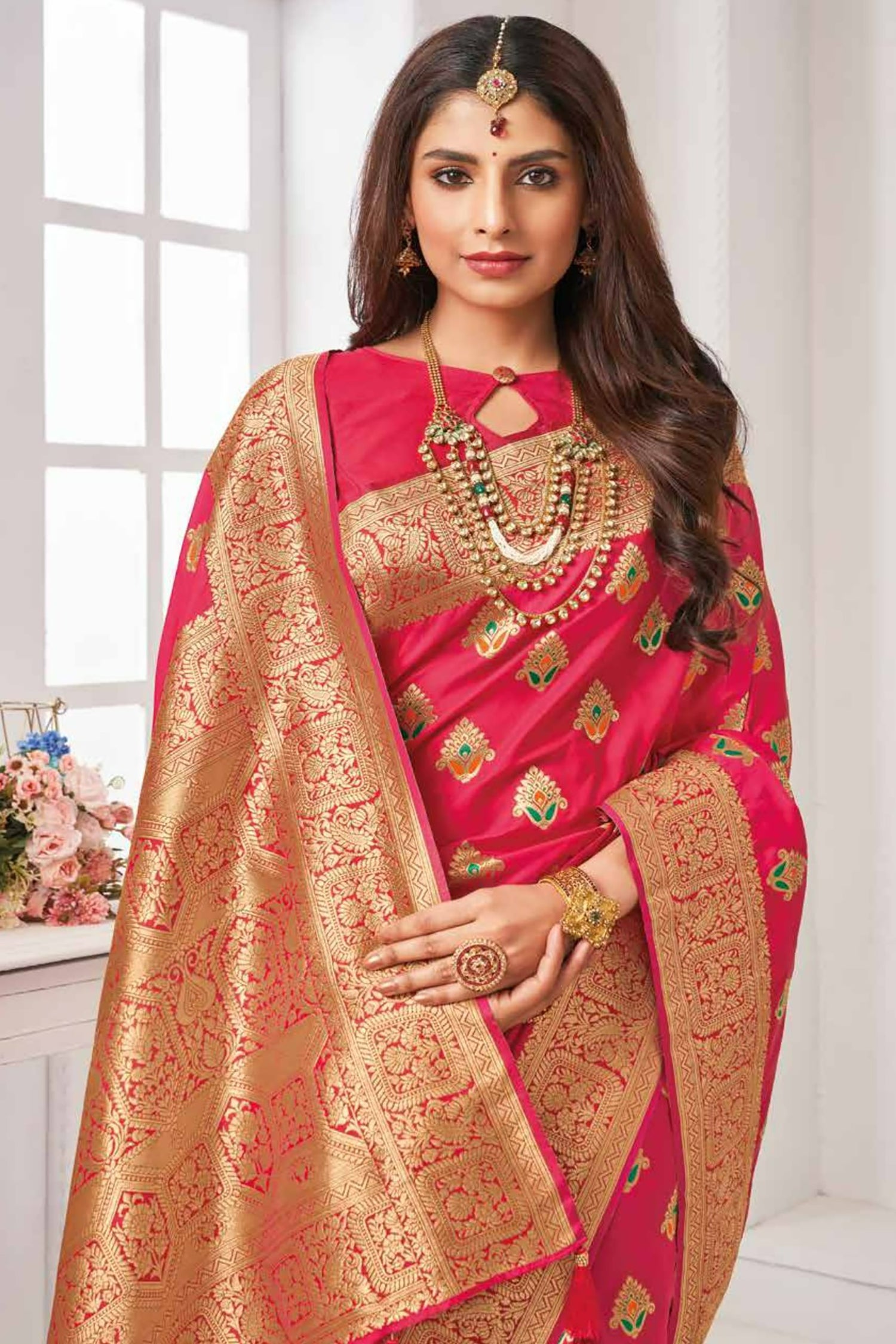 Pink Saree With Orange And Green Meenakari Butta