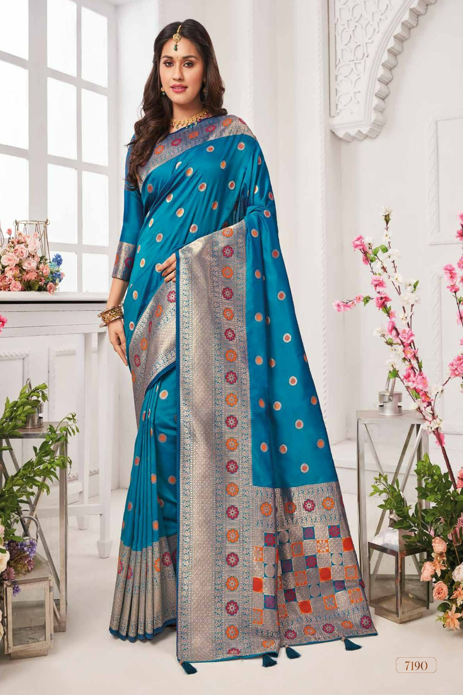Blue Saree With Silver Zari And Meena Embellishments