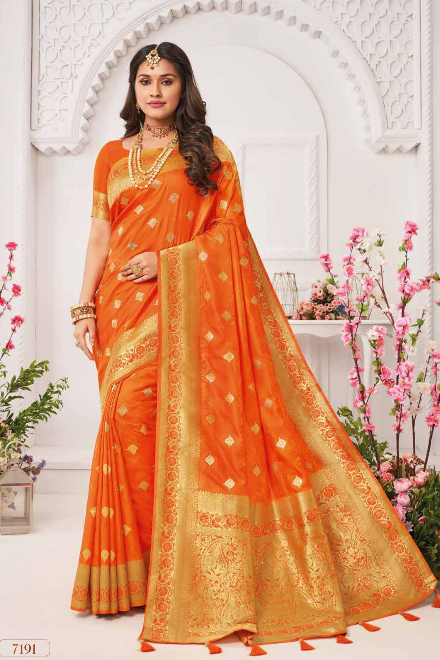 Vibrant Orange Saree With Golden Border
