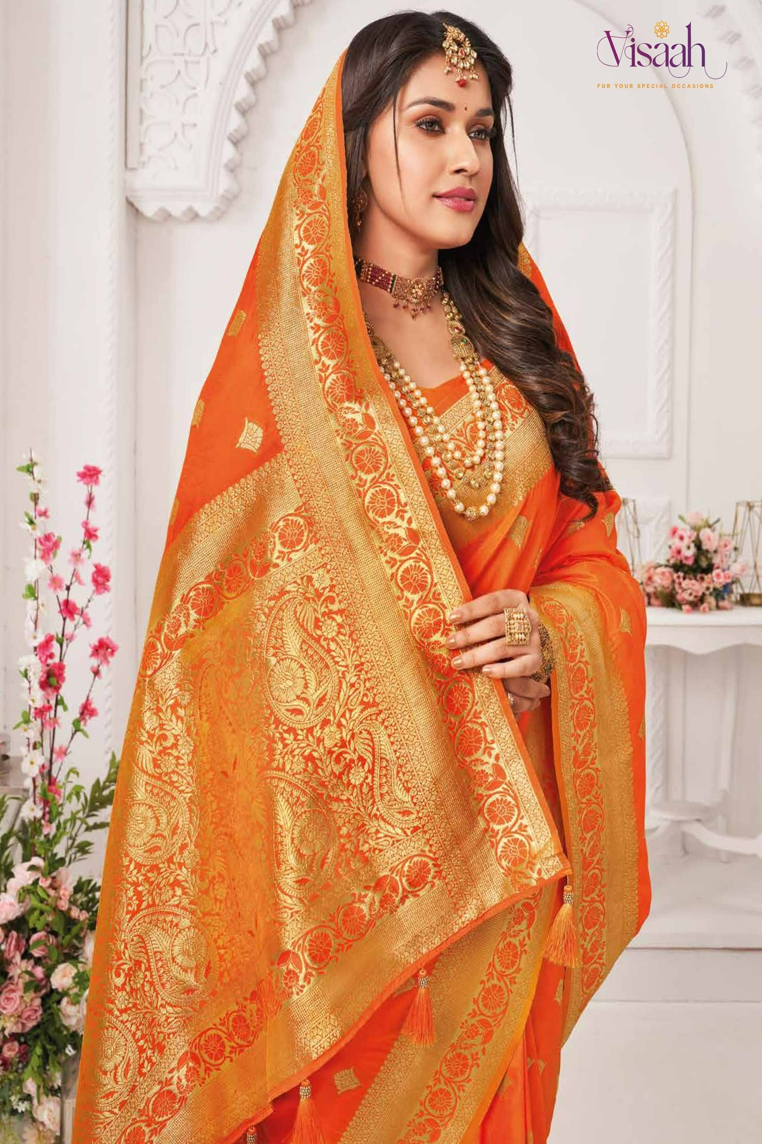 Vibrant Orange Saree With Golden Border