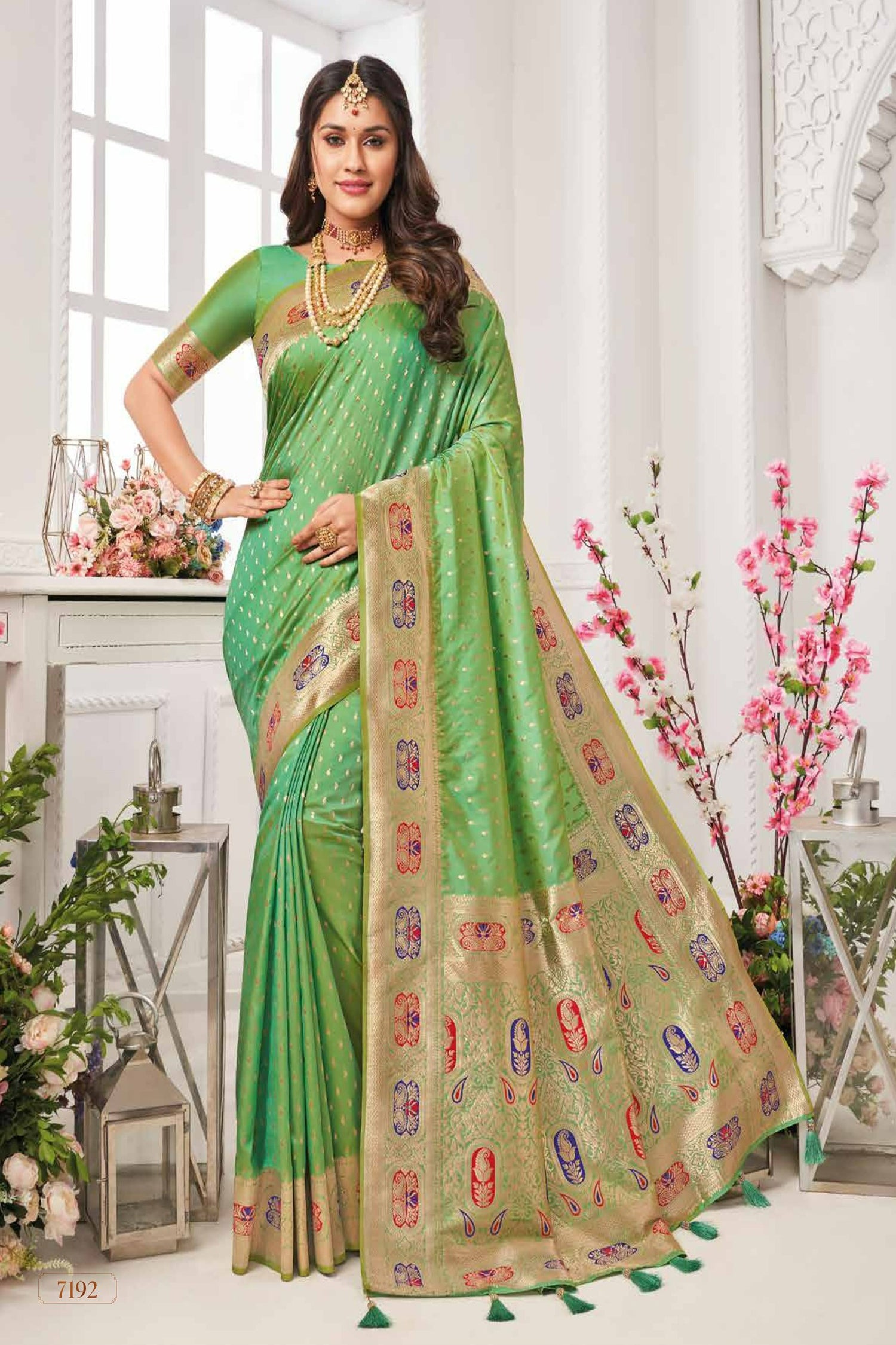Light Green Saree With Red And Blue Meena Border