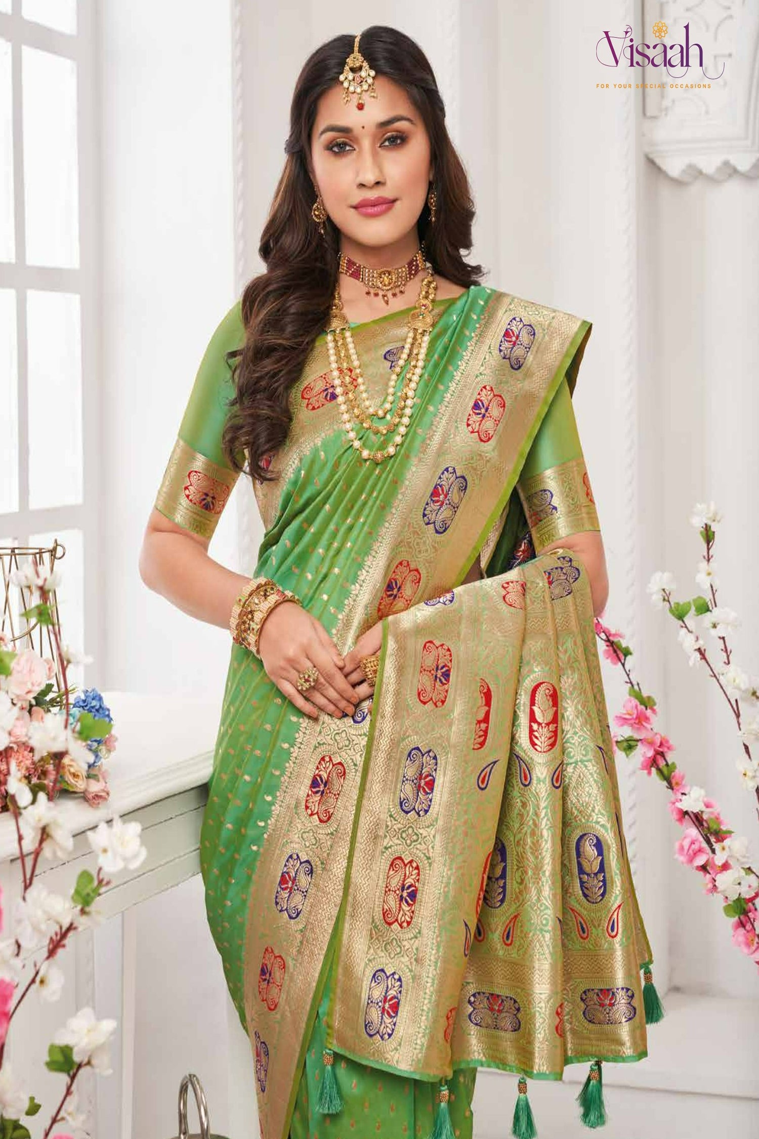 Light Green Saree With Red And Blue Meena Border