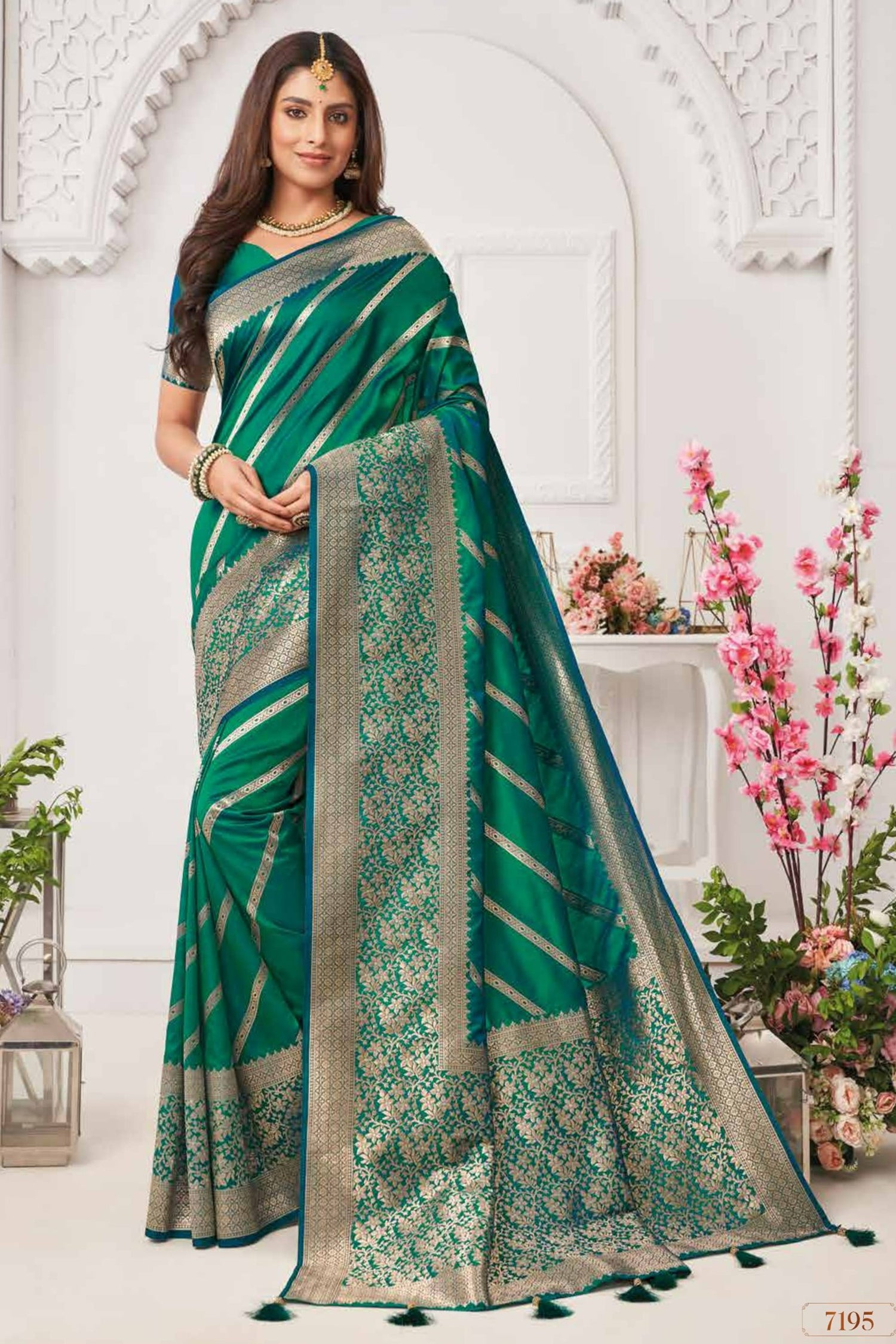 Teal Saree With Light Gold Zari