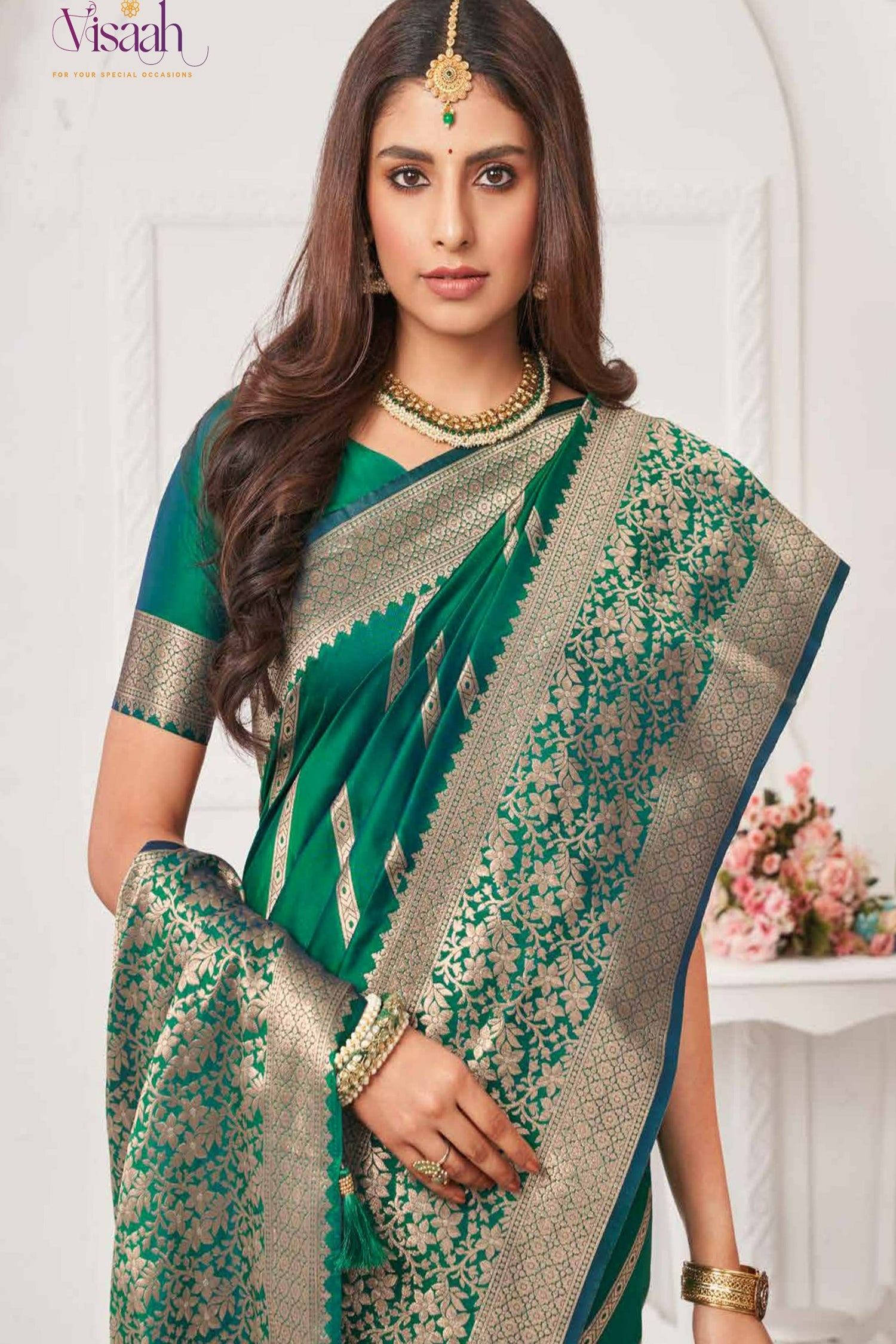 Teal Saree With Light Gold Zari