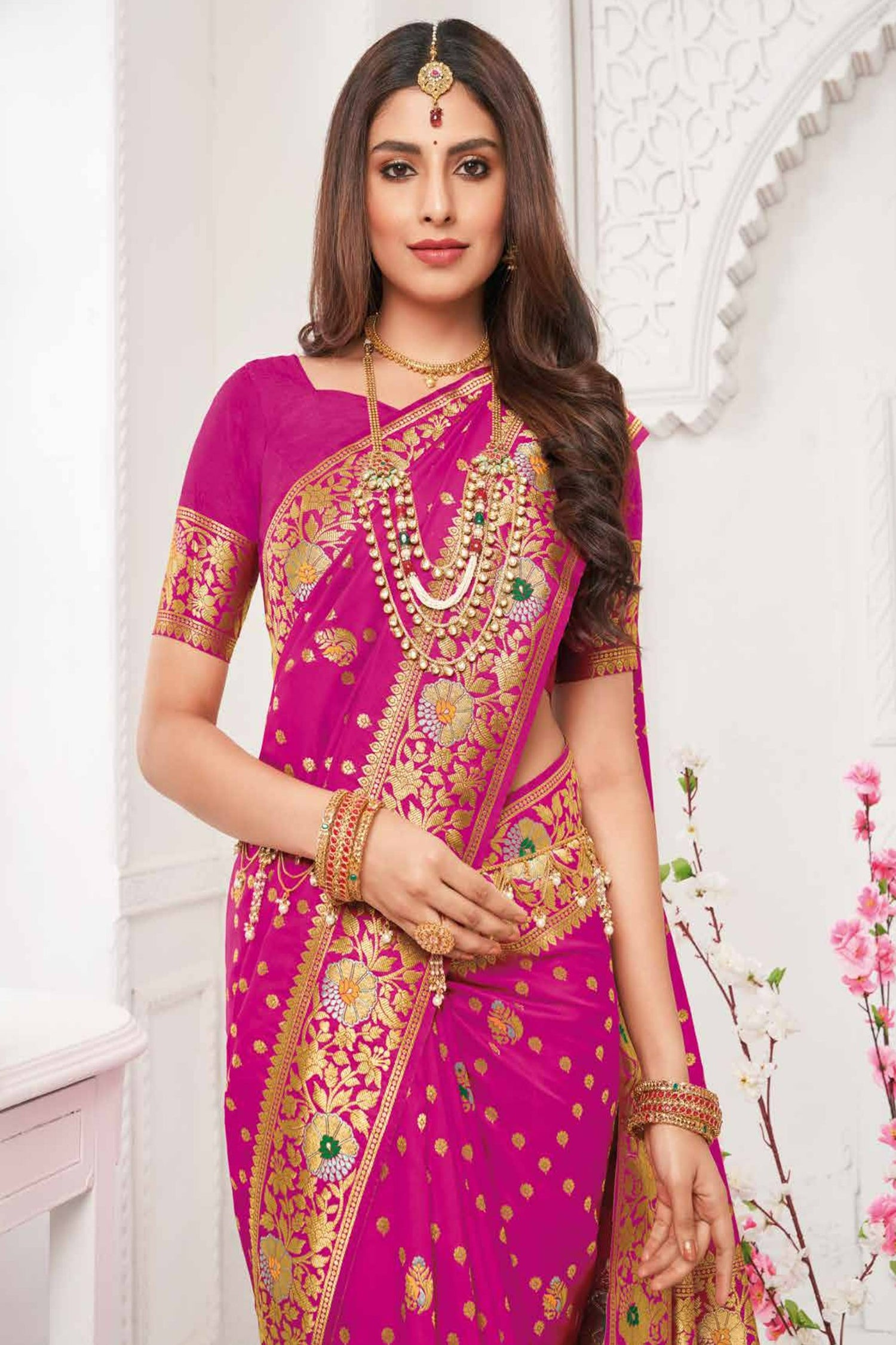 Rani Pink Saree With Meenakari Border