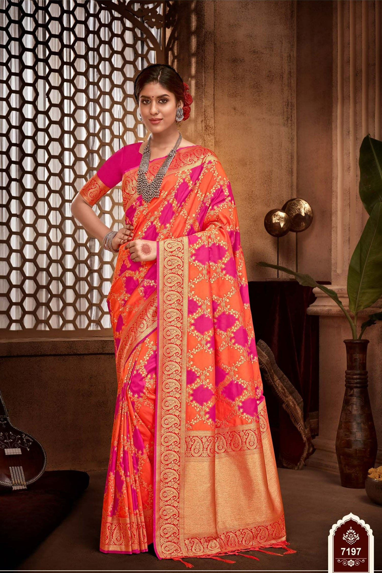 Pink And Orange Saree With Golden Zari