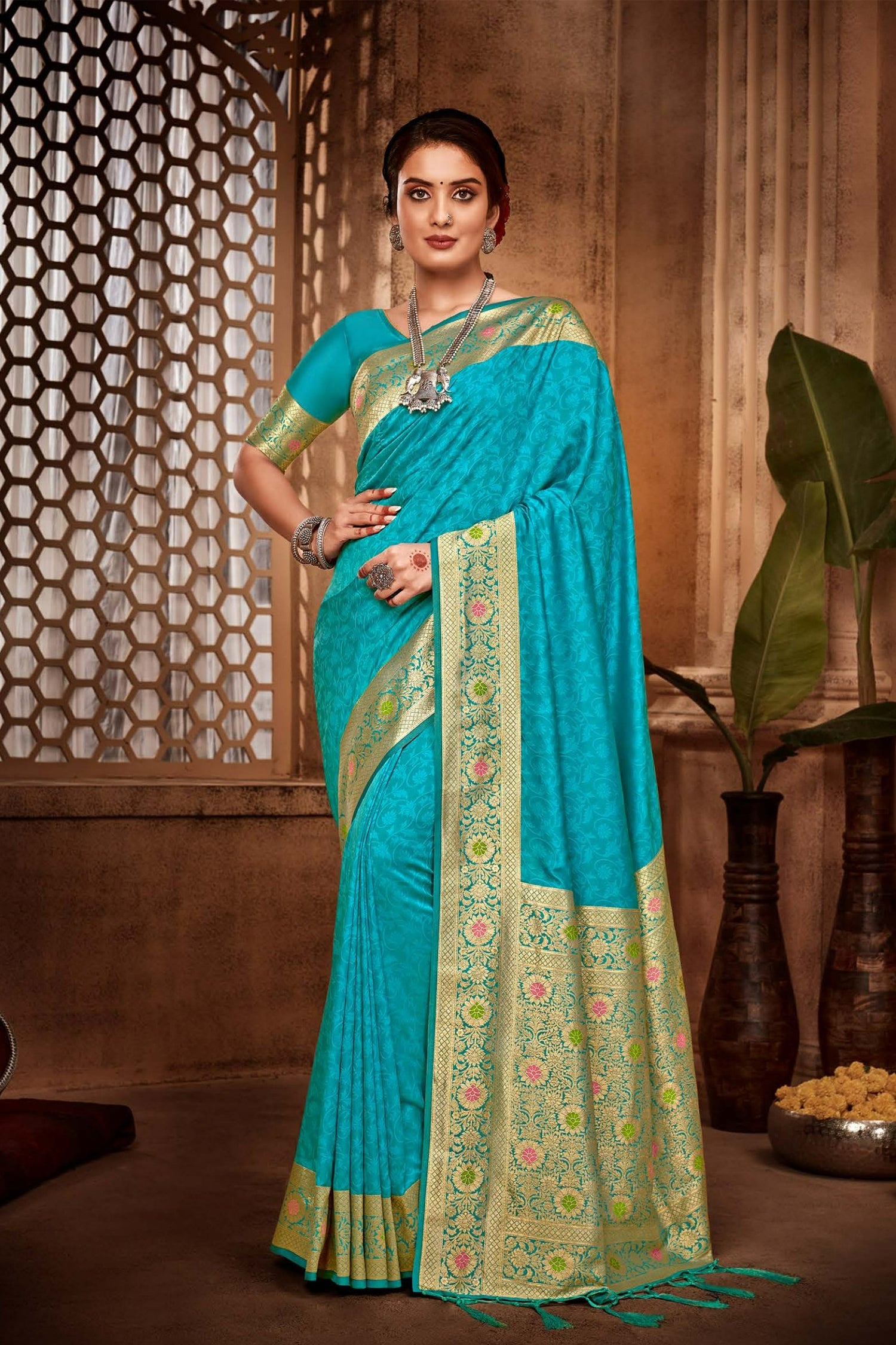Sky Blue Saree With Meenakari Motifs