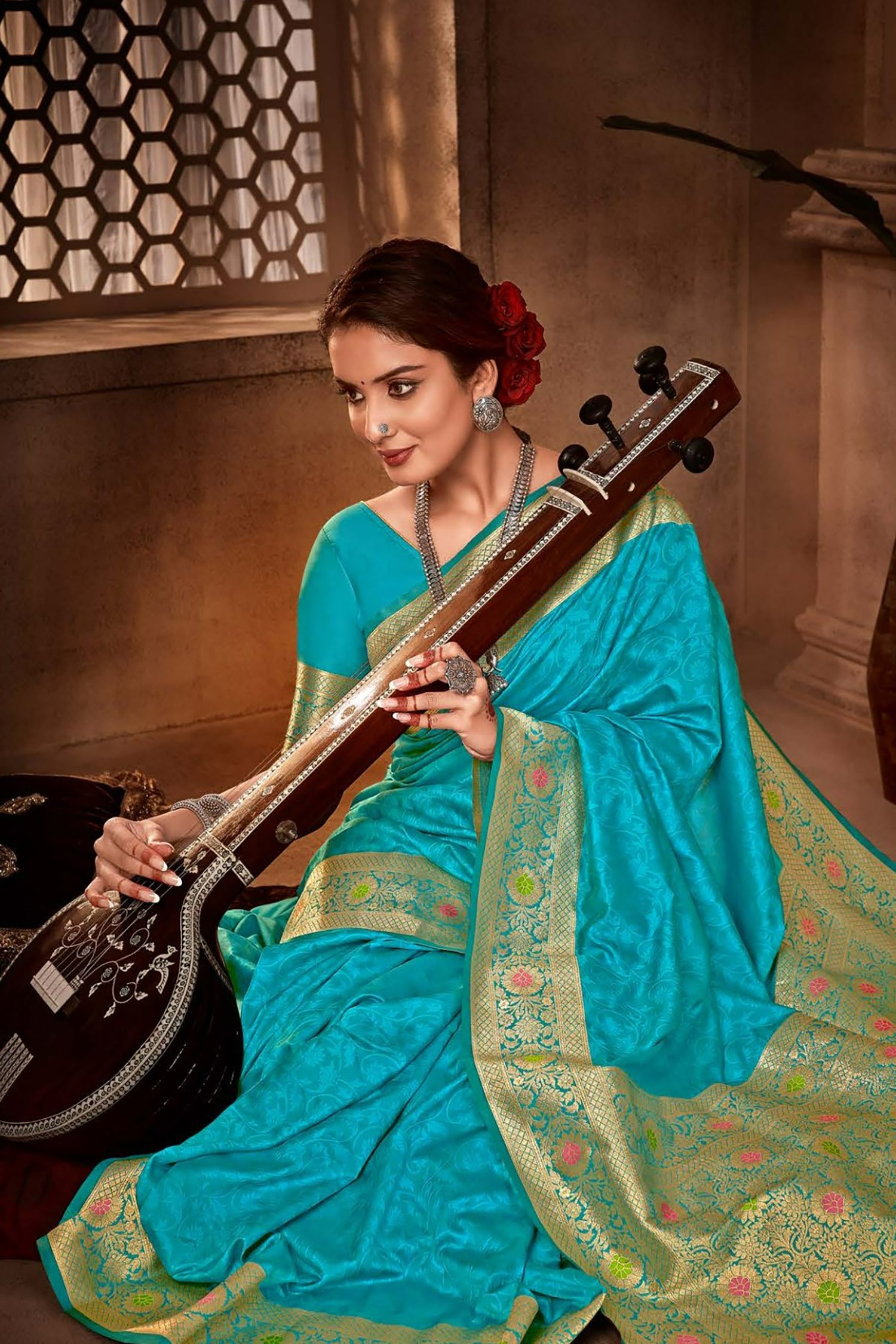 Sky Blue Saree With Meenakari Motifs