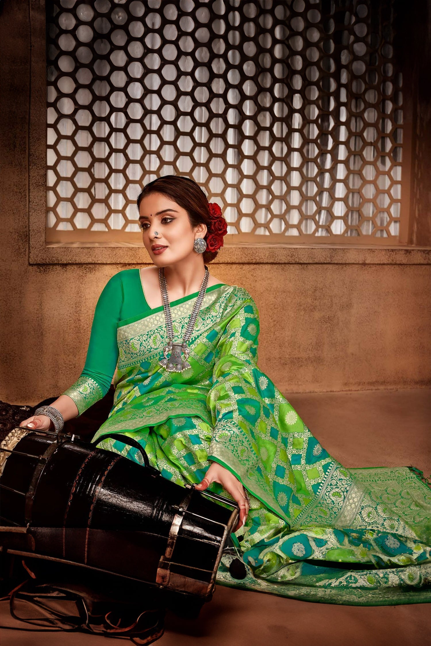 Stunning Green Saree With Light Gold Zari