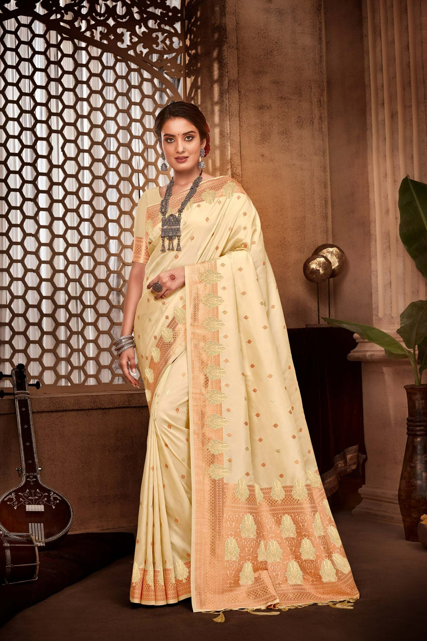 Cream Saree With Copper Zari Border