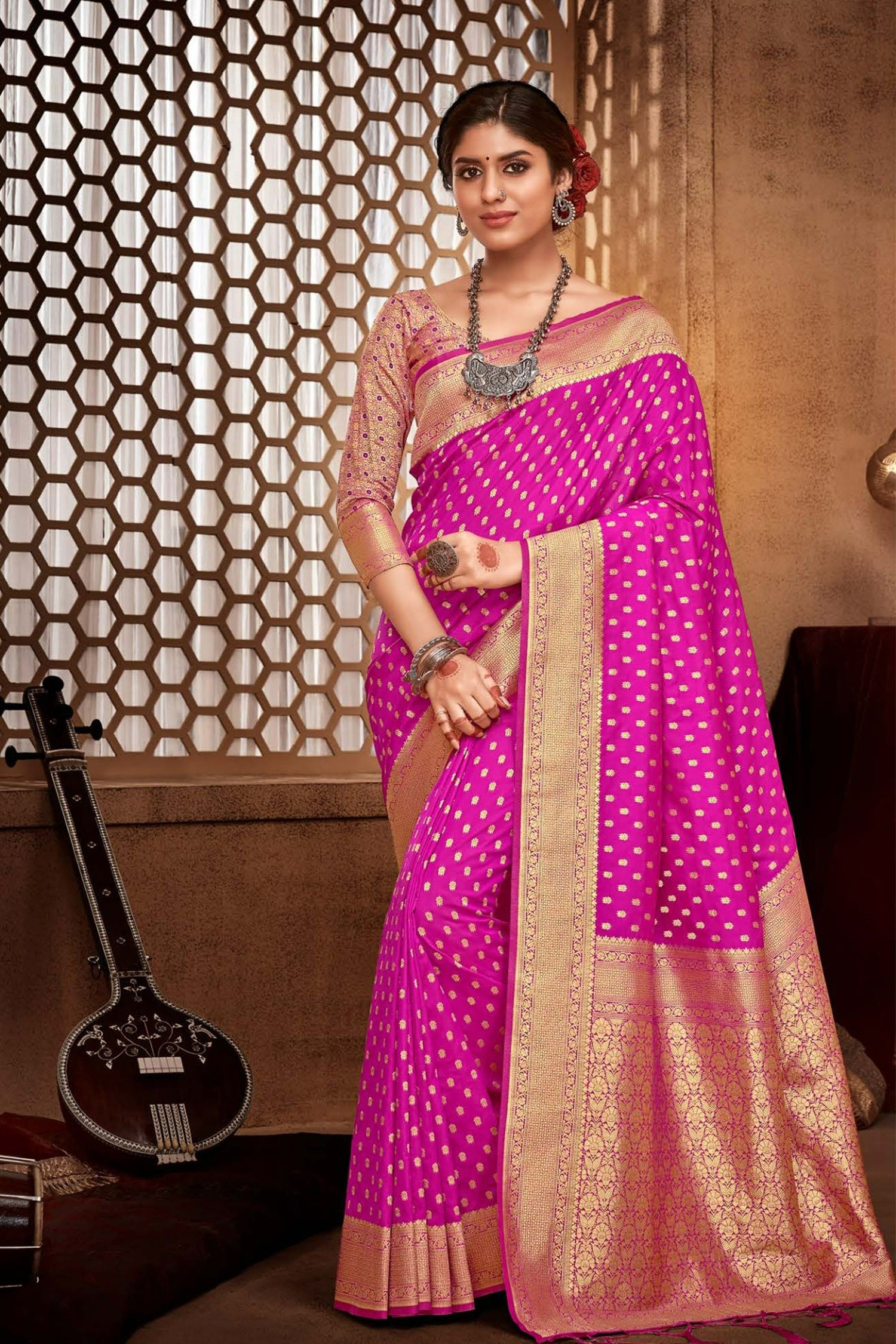 Rani Pink Saree With Delicate Zari Buttas