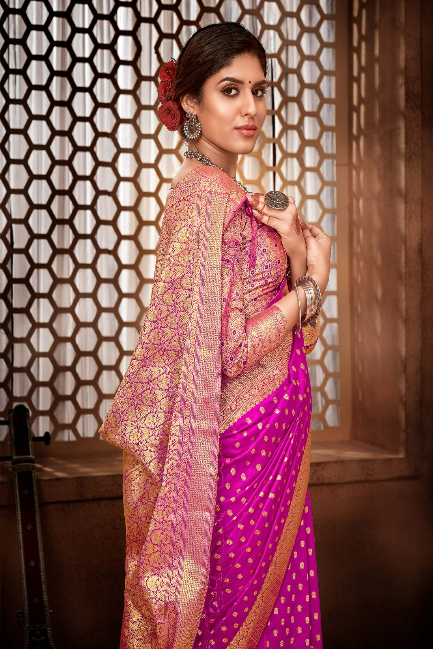Rani Pink Saree With Delicate Zari Buttas