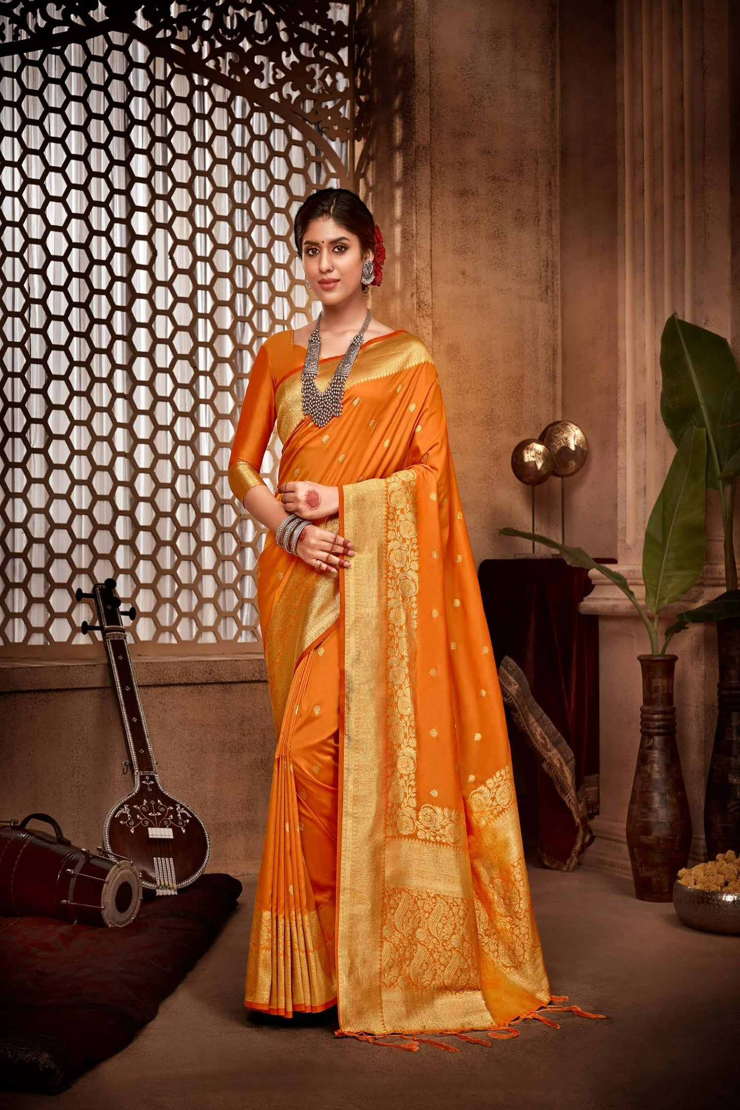 Vibrant Orange Saree With Zari Border