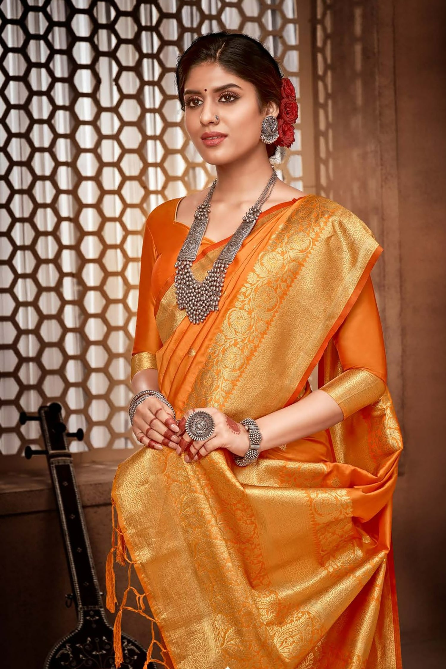 Vibrant Orange Saree With Zari Border