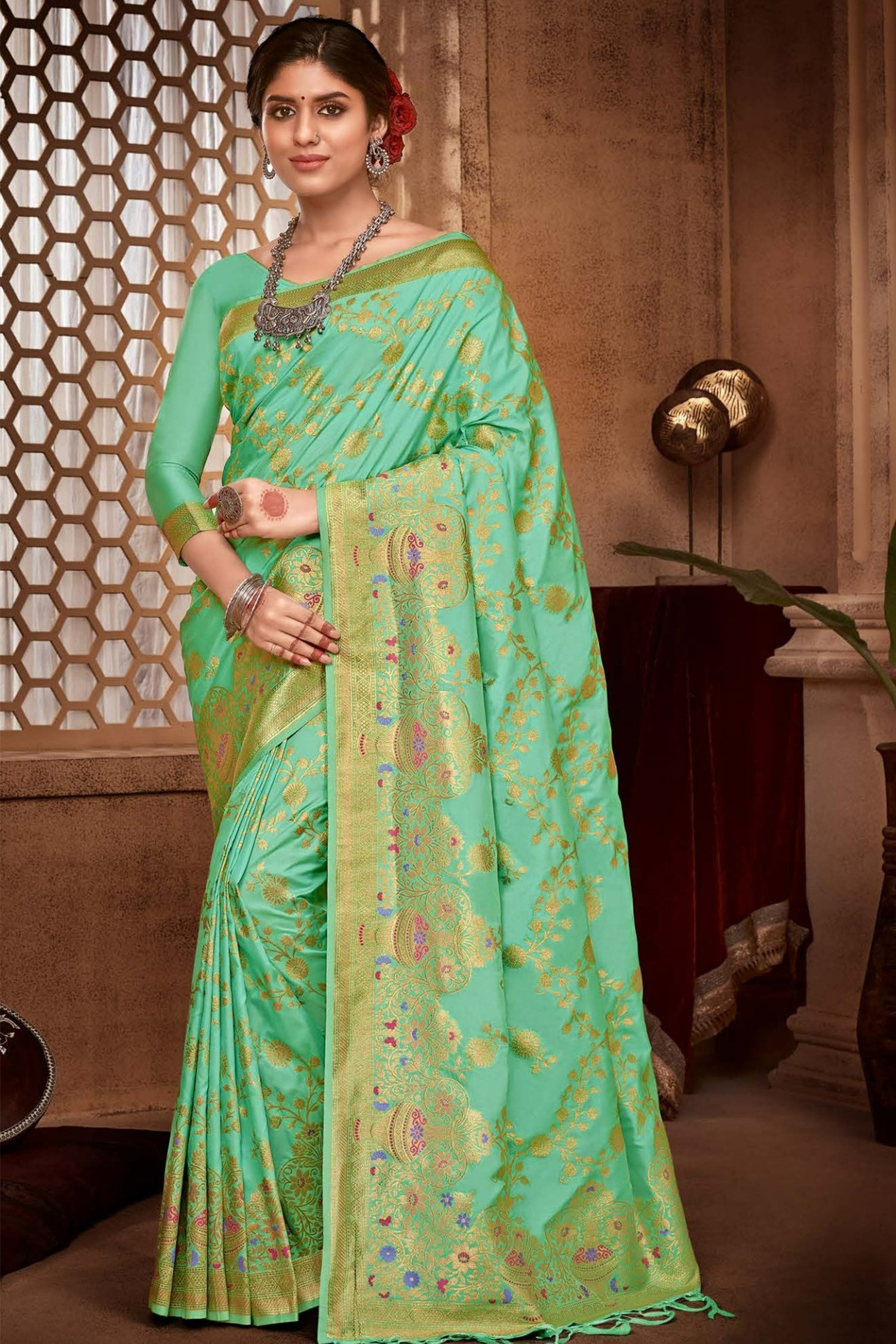 Pista Green Saree With Golden Border And Jaal