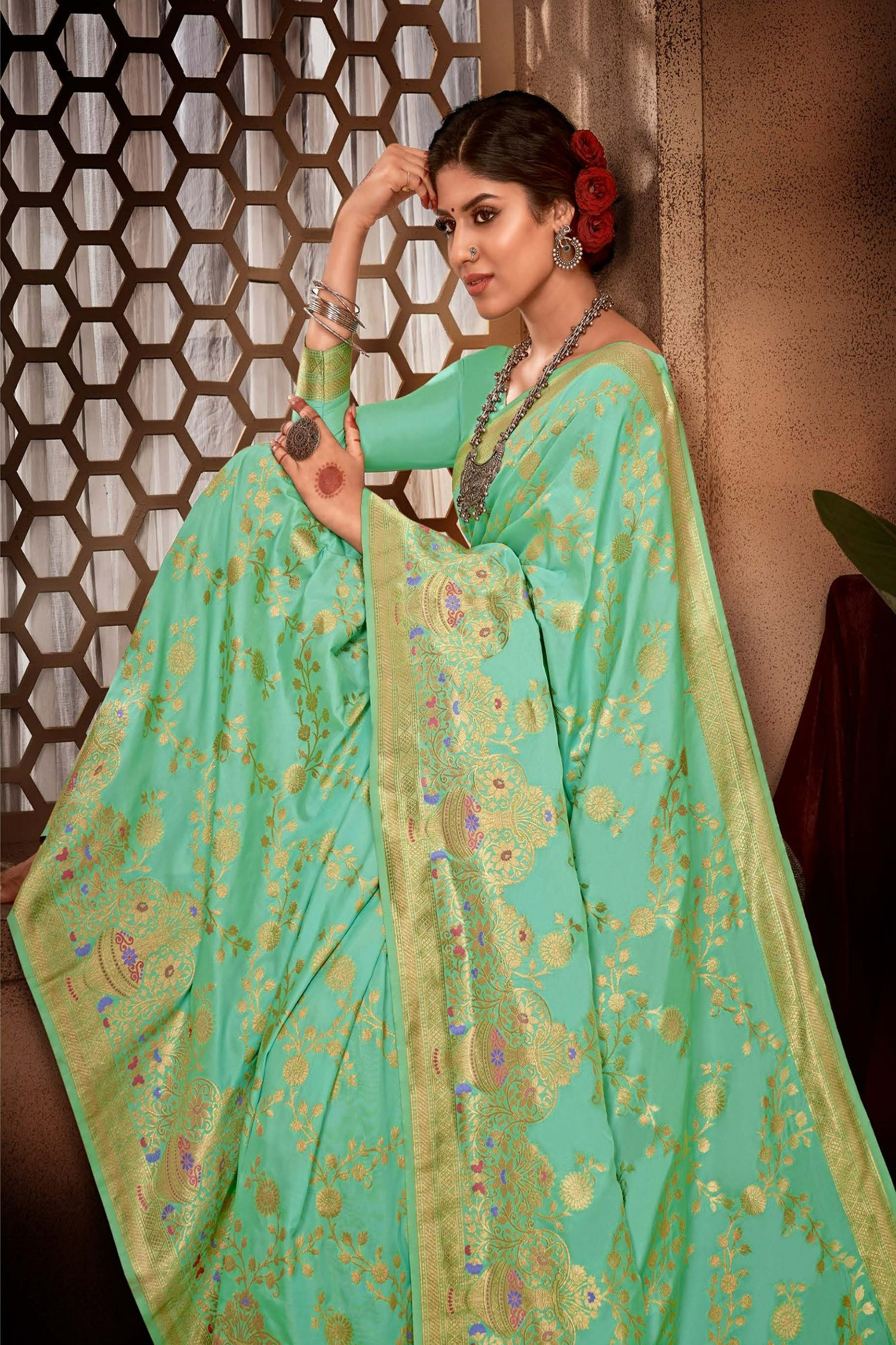 Pista Green Saree With Golden Border And Jaal