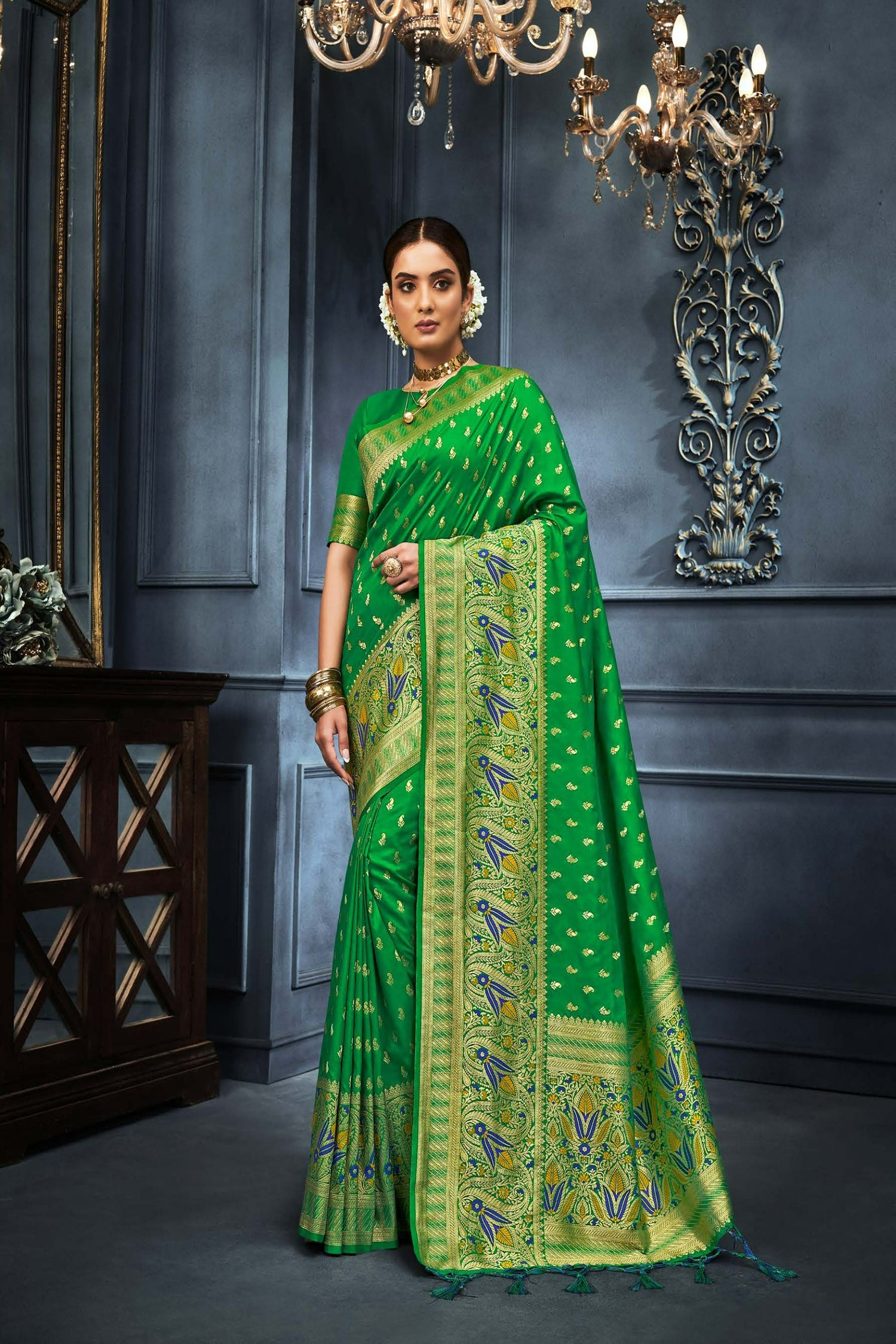 Green Saree With Yellow And Blue Meena