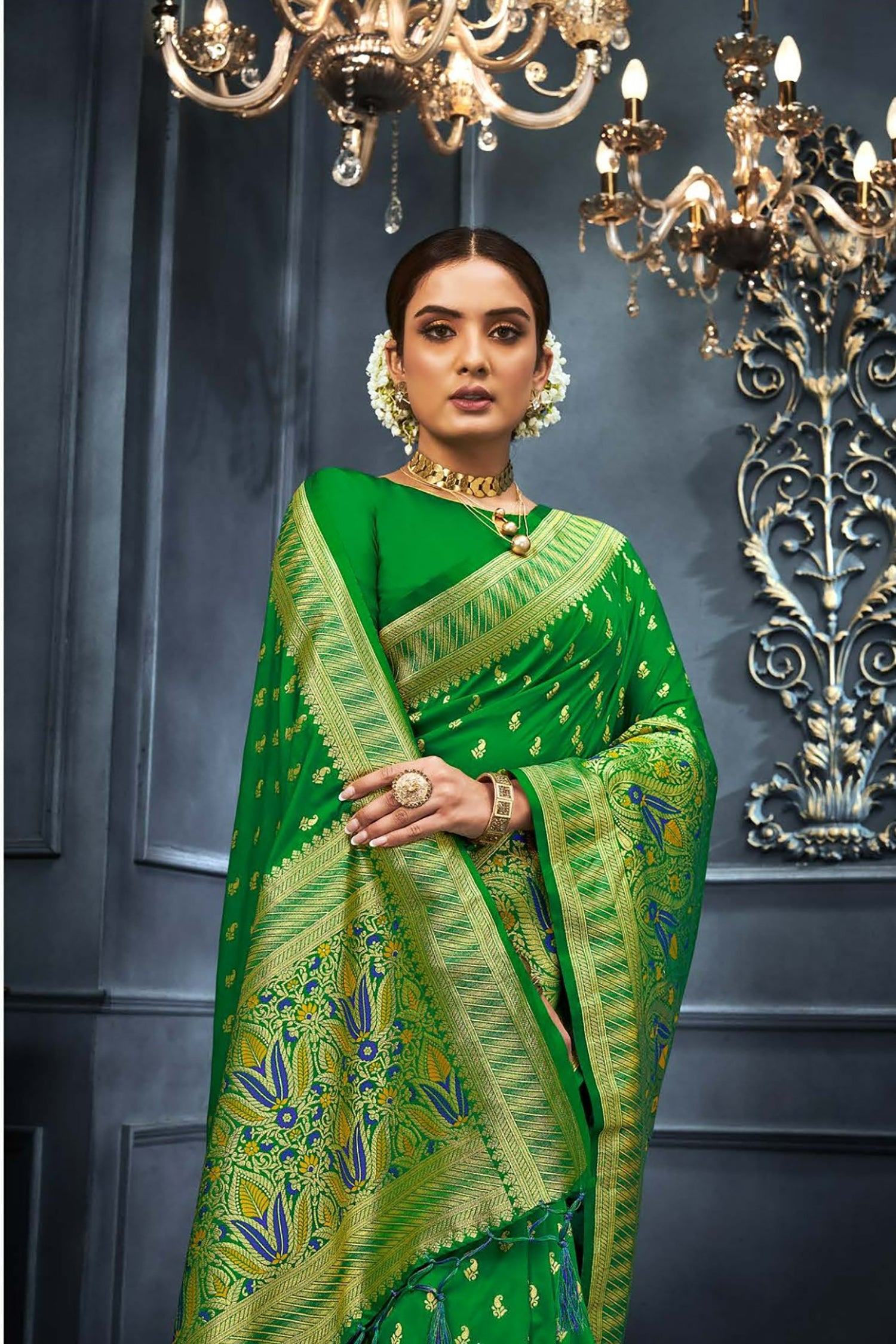 Green Saree With Yellow And Blue Meena