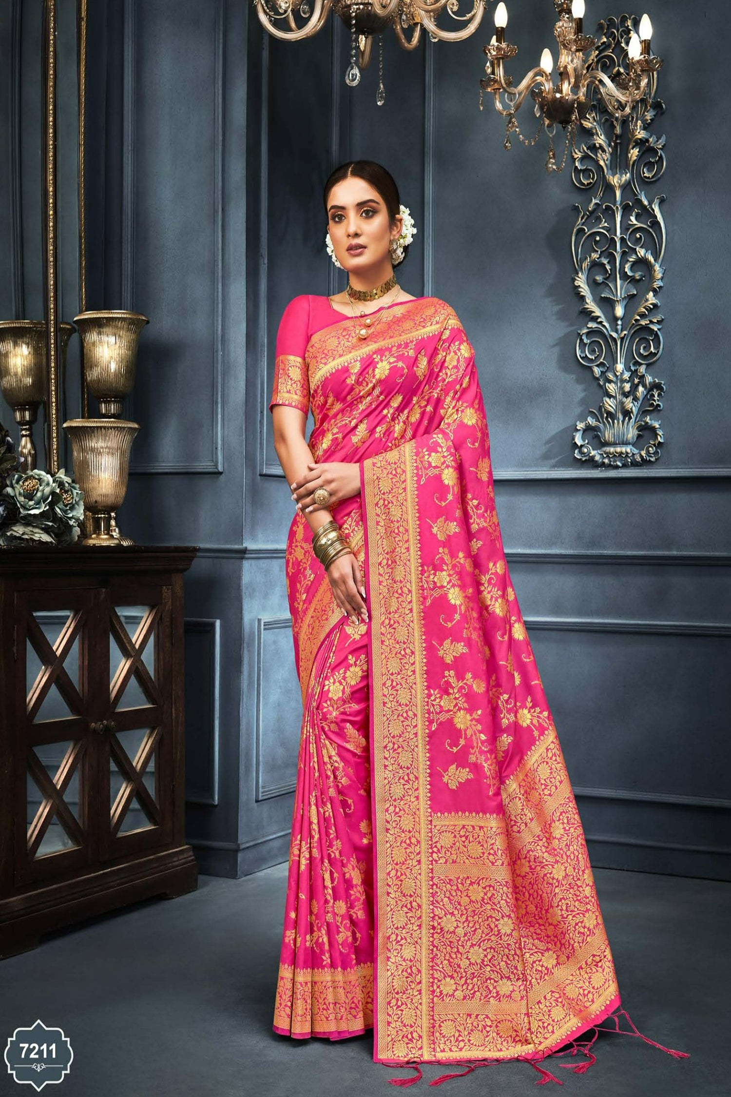 Pink Zari Jaal Work Saree