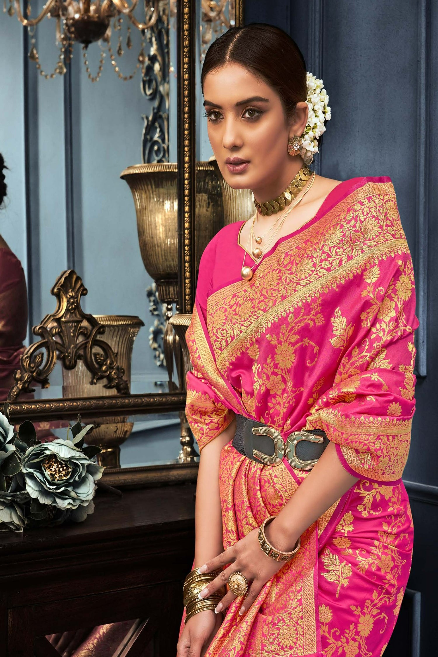 Pink Zari Jaal Work Saree