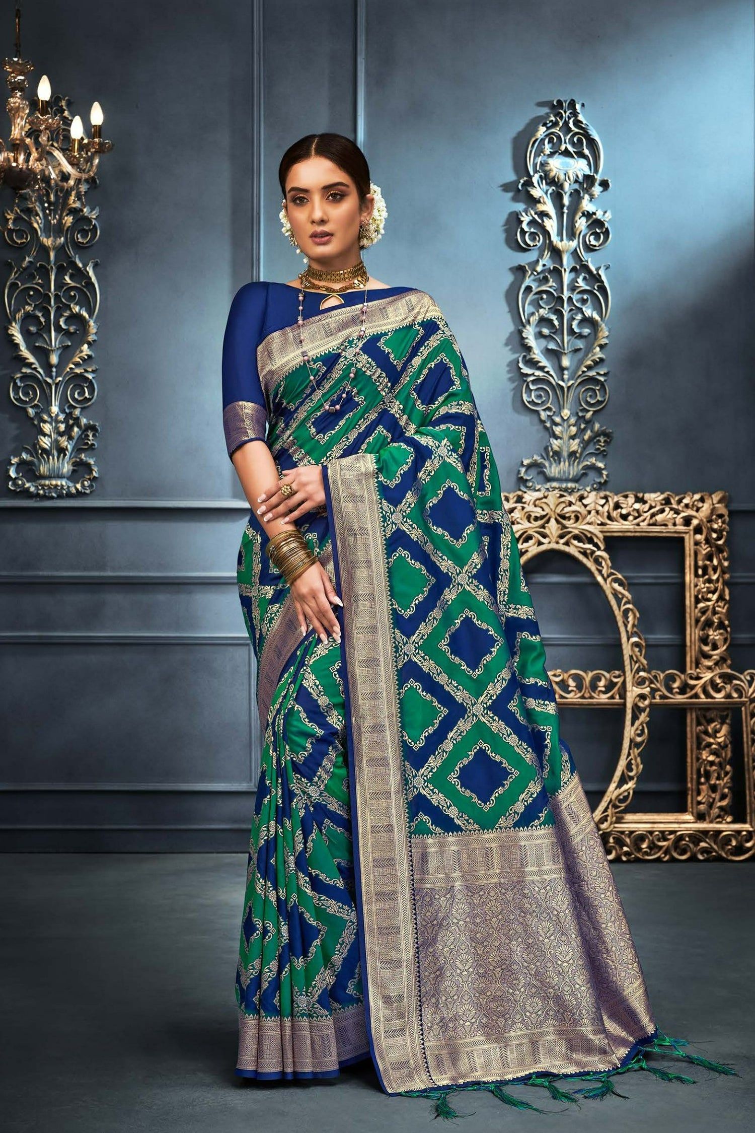 Teal And Blue Saree With Light Gold Zari