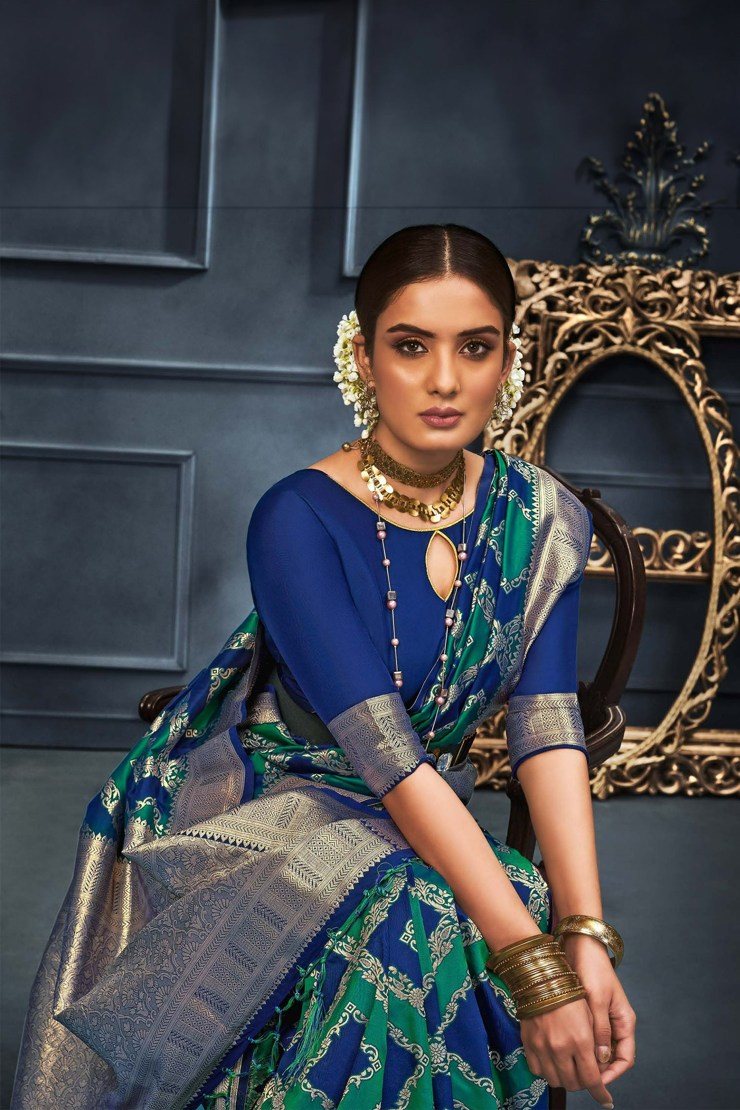 Teal And Blue Saree With Light Gold Zari